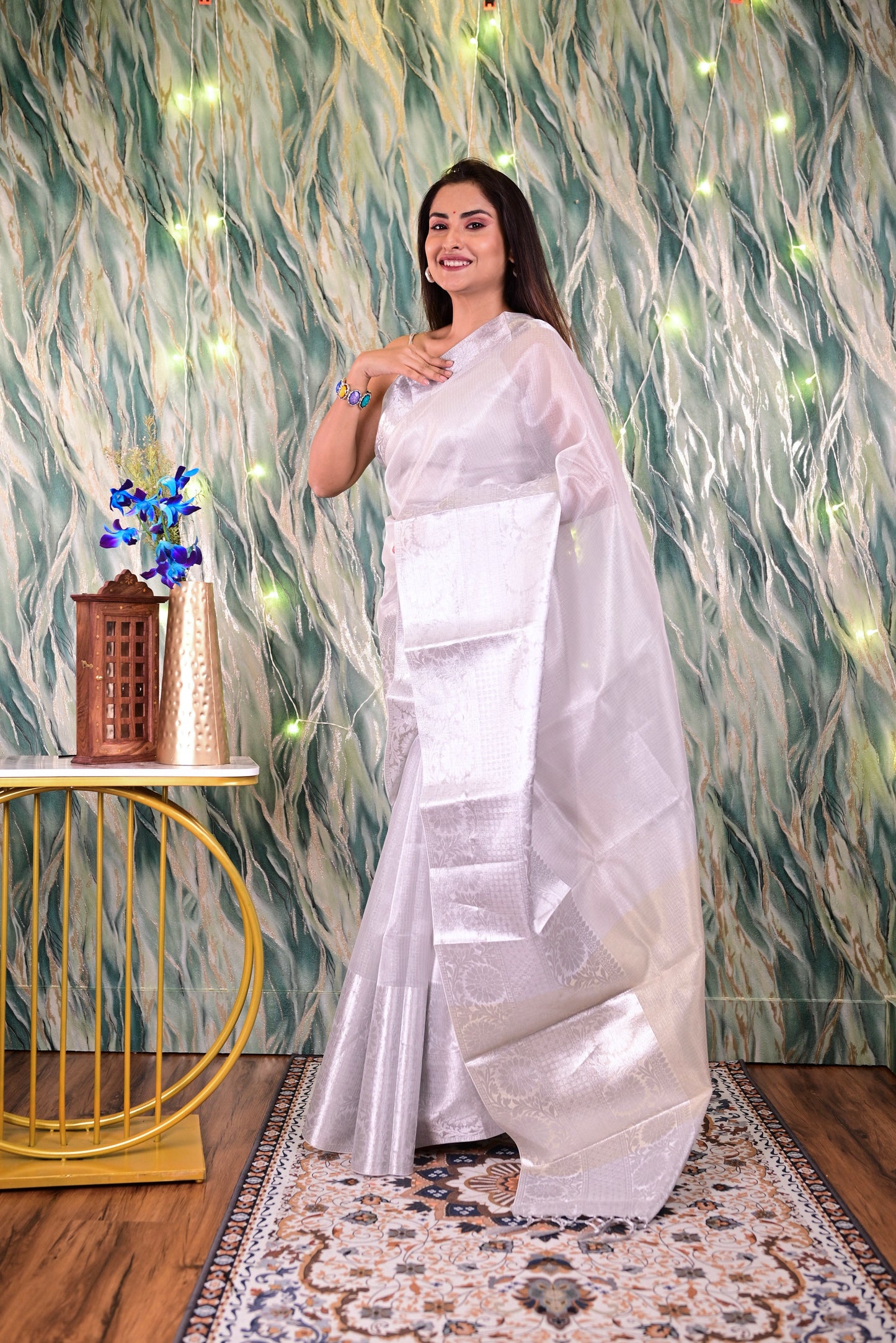 Silver Semi Silk Banarasi Saree with Intricate Weaving Broad Border Saree Handloom saree, handcrafted saree, daily wear saree, office saree, affordable saree, saree for summers, Suta sarees, Eternity by Sakshi Sarees,