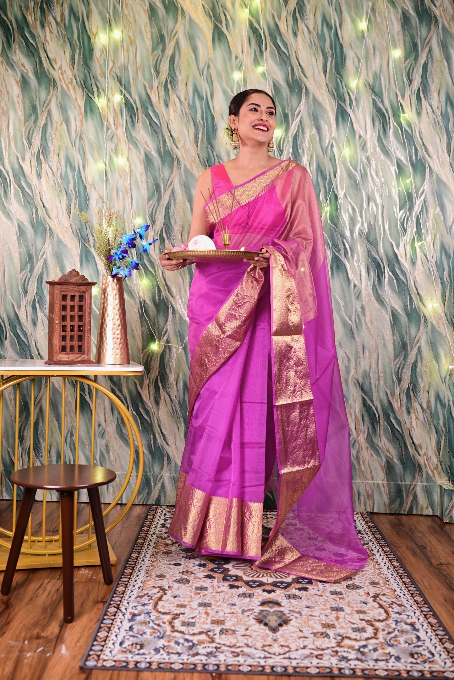 Lilac Organza Tissue Saree With Gold Zari Border Saree Handloom saree, handcrafted saree, daily wear saree, office saree, affordable saree, saree for summers, Suta sarees, Eternity by Sakshi Sarees,