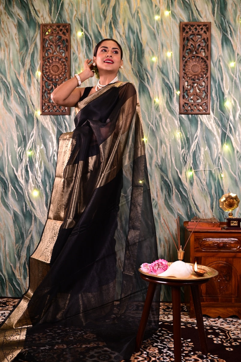 Black Organza Tissue Saree With Gold Zari Border Saree Handloom saree, handcrafted saree, daily wear saree, office saree, affordable saree, saree for summers, Suta sarees, Eternity by Sakshi Sarees,
