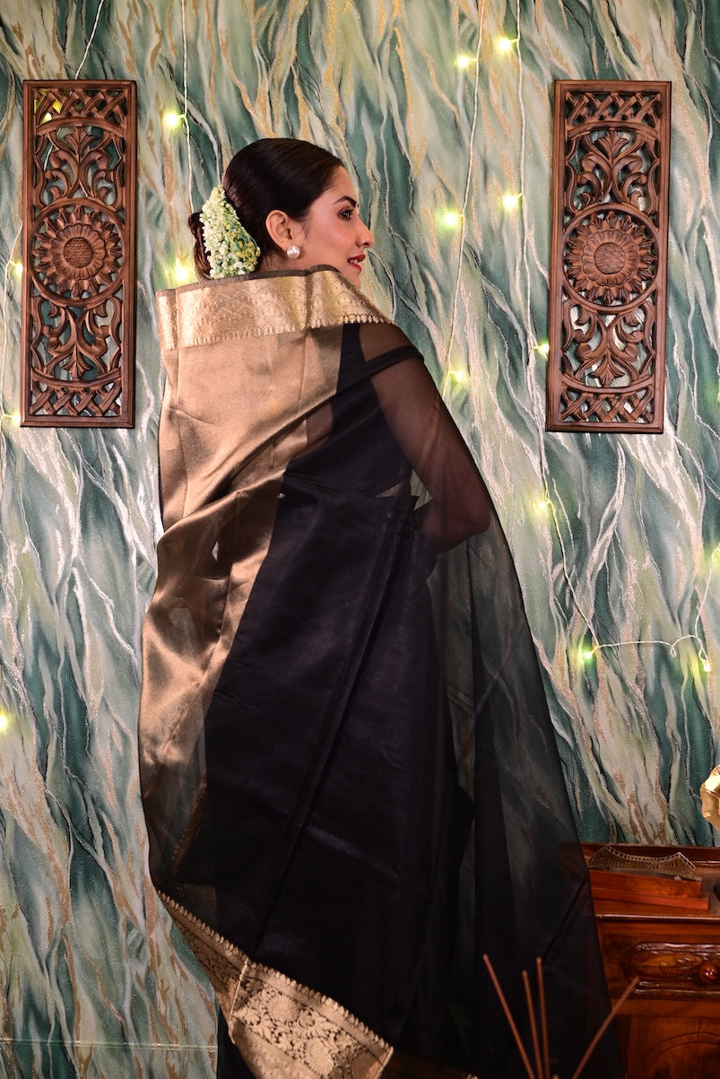 Black Organza Tissue Saree With Gold Zari Border Saree Handloom saree, handcrafted saree, daily wear saree, office saree, affordable saree, saree for summers, Suta sarees, Eternity by Sakshi Sarees,