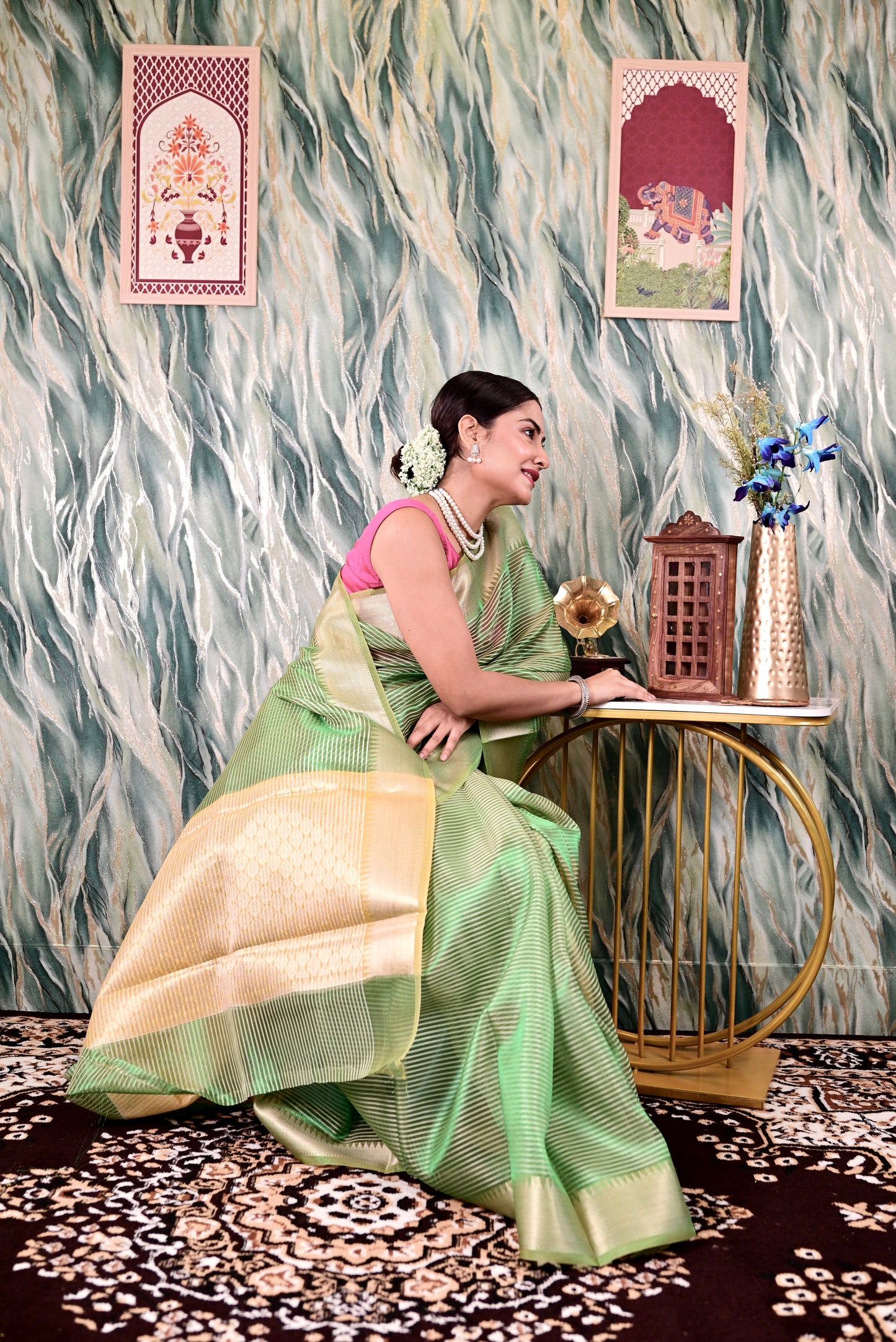 Green Semi Silk Banarasi Saree with All Over Stripes Saree Handloom saree, handcrafted saree, daily wear saree, office saree, affordable saree, saree for summers, Suta sarees, Eternity by Sakshi Sarees,