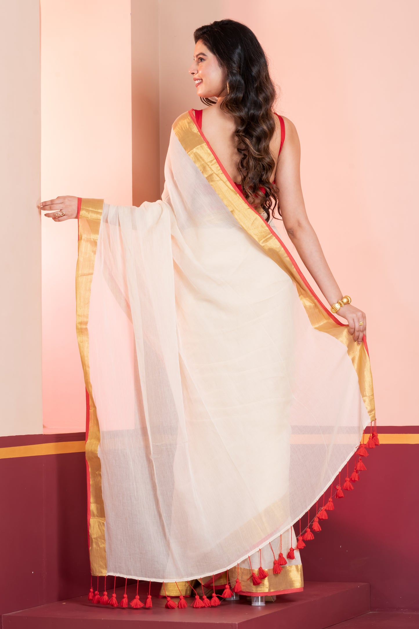 Cream and Red Handloom Mul Cotton Saree with Zari and Tassels