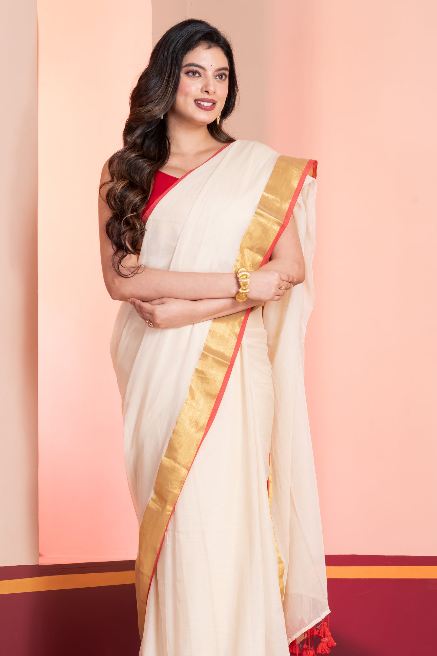 Cream and Red Handloom Mul Cotton Saree with Zari and Tassels