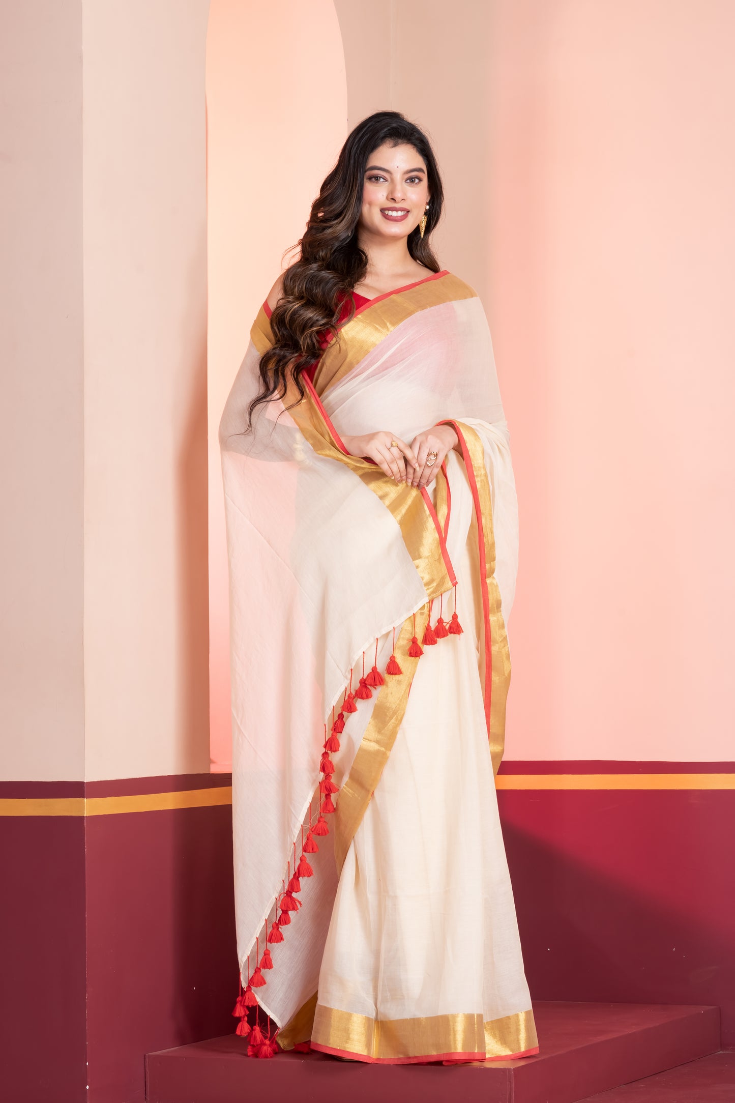 Cream and Red Handloom Mul Cotton Saree with Zari and Tassels