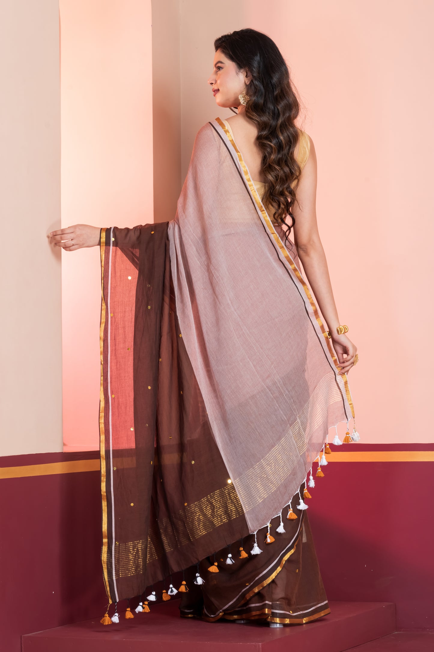 Brown Colourblocked Handloom Mul Cotton Saree with Sequence, Zari and Tassels