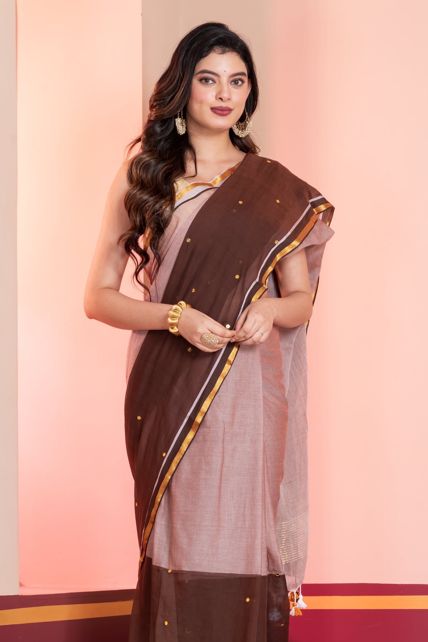 Brown Colourblocked Handloom Mul Cotton Saree with Sequence, Zari and Tassels