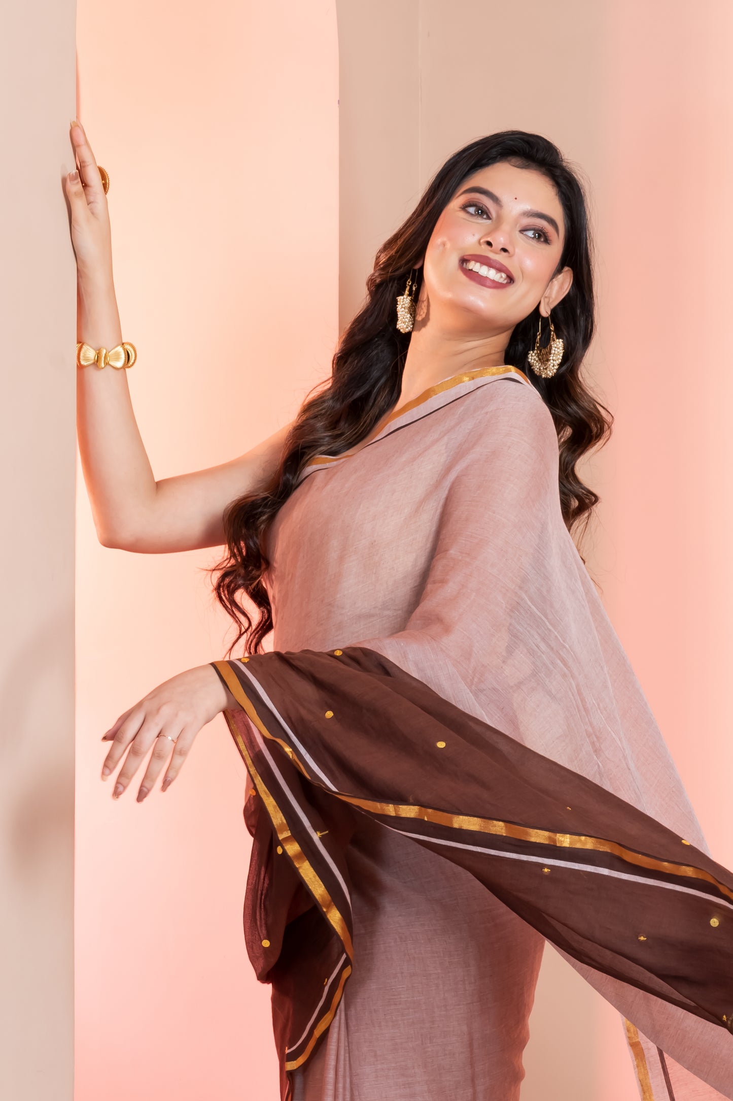 Brown Colourblocked Handloom Mul Cotton Saree with Sequence, Zari and Tassels