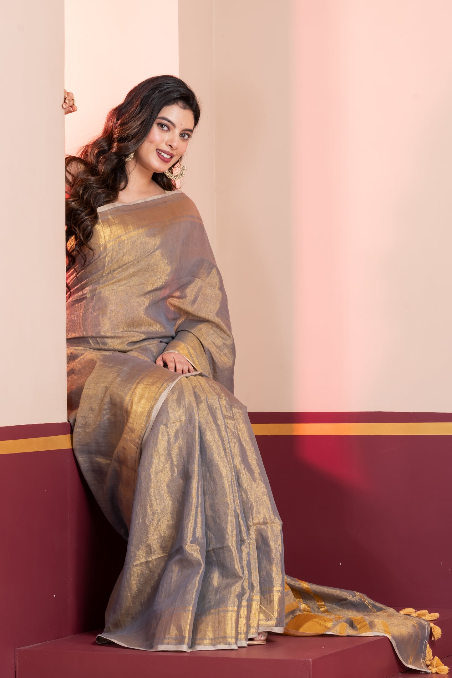 Grey Gold Dual Tone Linen Tissue Saree with Zari and Tassels