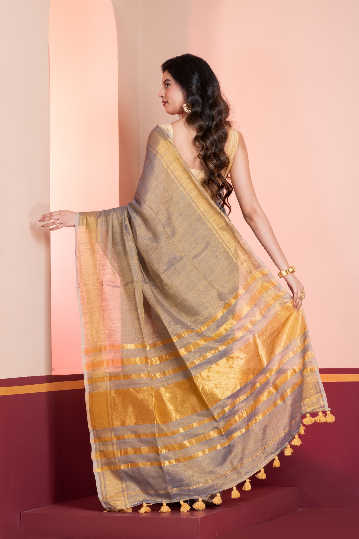 Grey Gold Dual Tone Linen Tissue Saree with Zari and Tassels