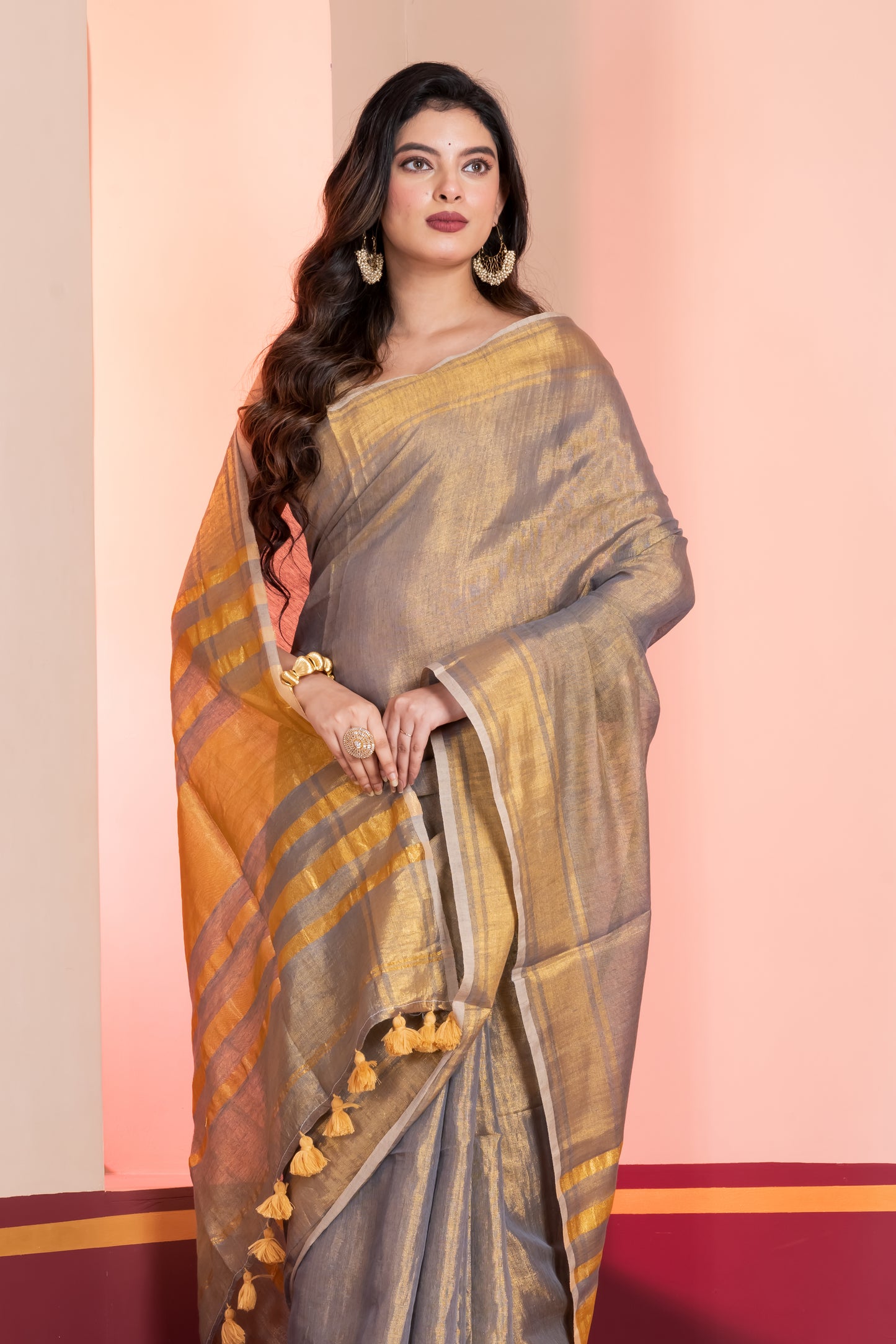 Grey Gold Dual Tone Linen Tissue Saree with Zari and Tassels