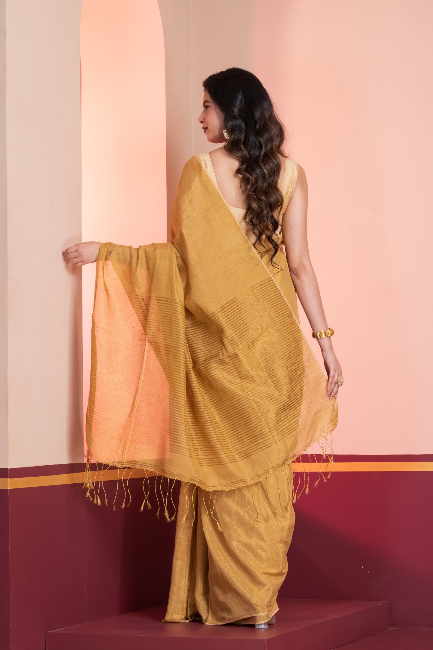 Golden Linen Tissue Saree with Zari