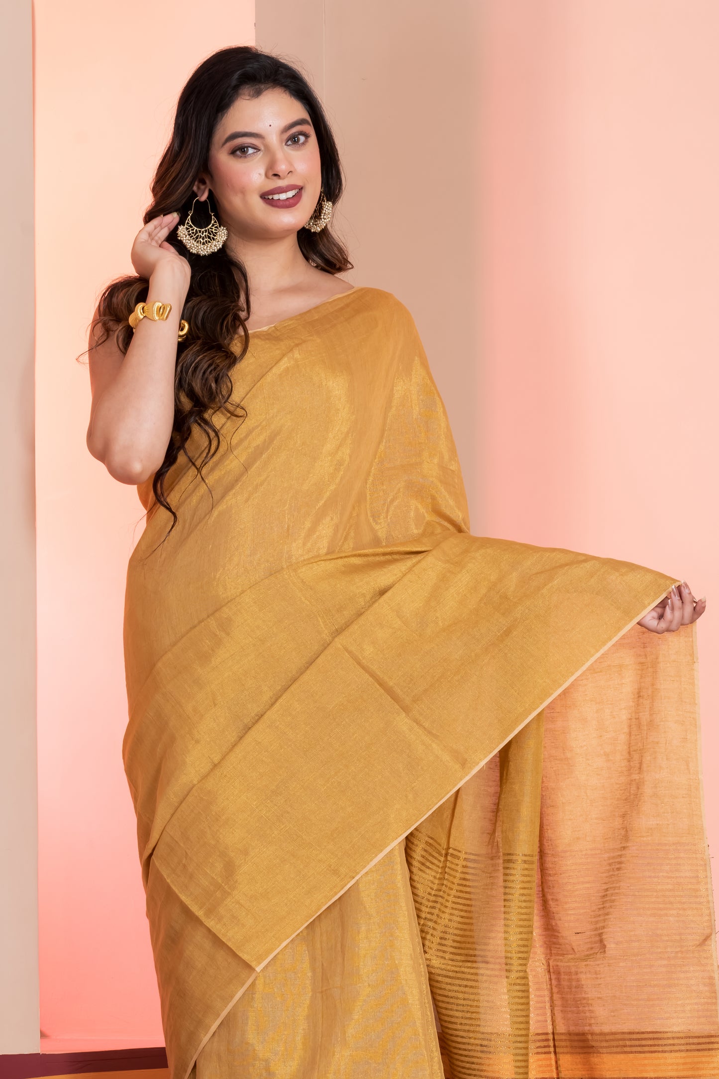 Golden Linen Tissue Saree with Zari