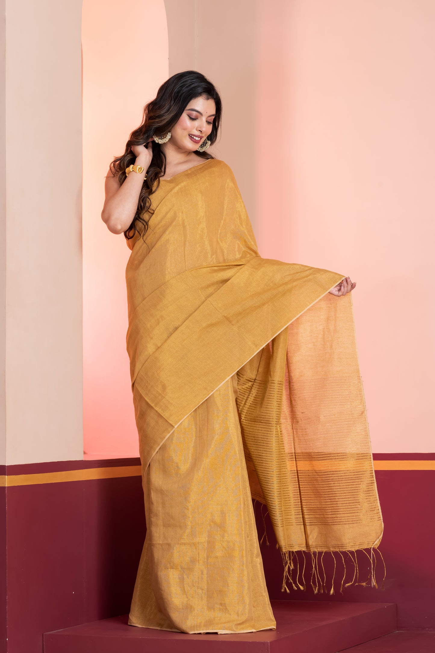 Golden Linen Tissue Saree with Zari