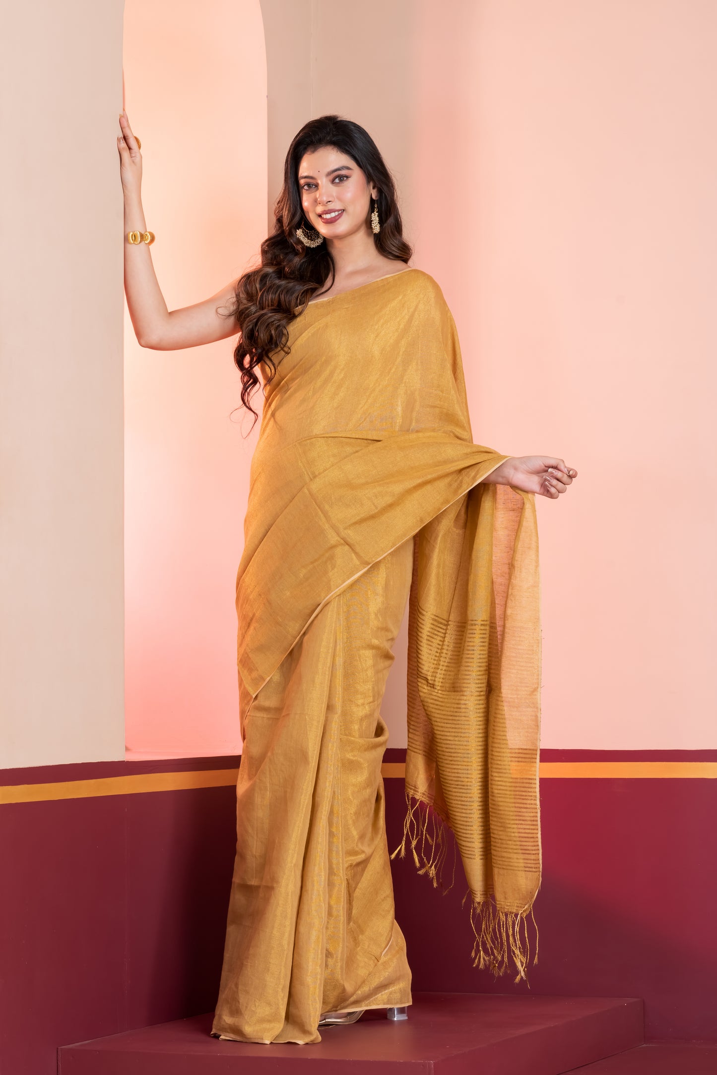 Golden Linen Tissue Saree with Zari