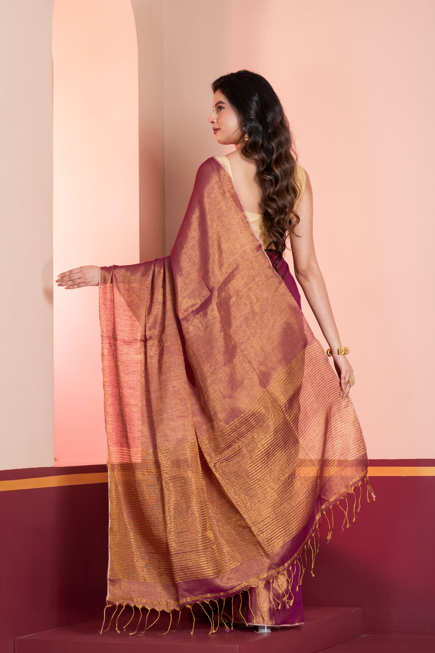 Purple Golden Dual Tone Linen Tissue Saree with Zari