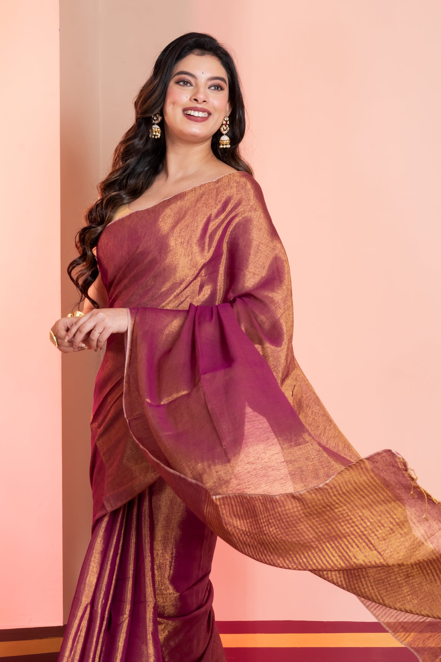 Purple Golden Dual Tone Linen Tissue Saree with Zari