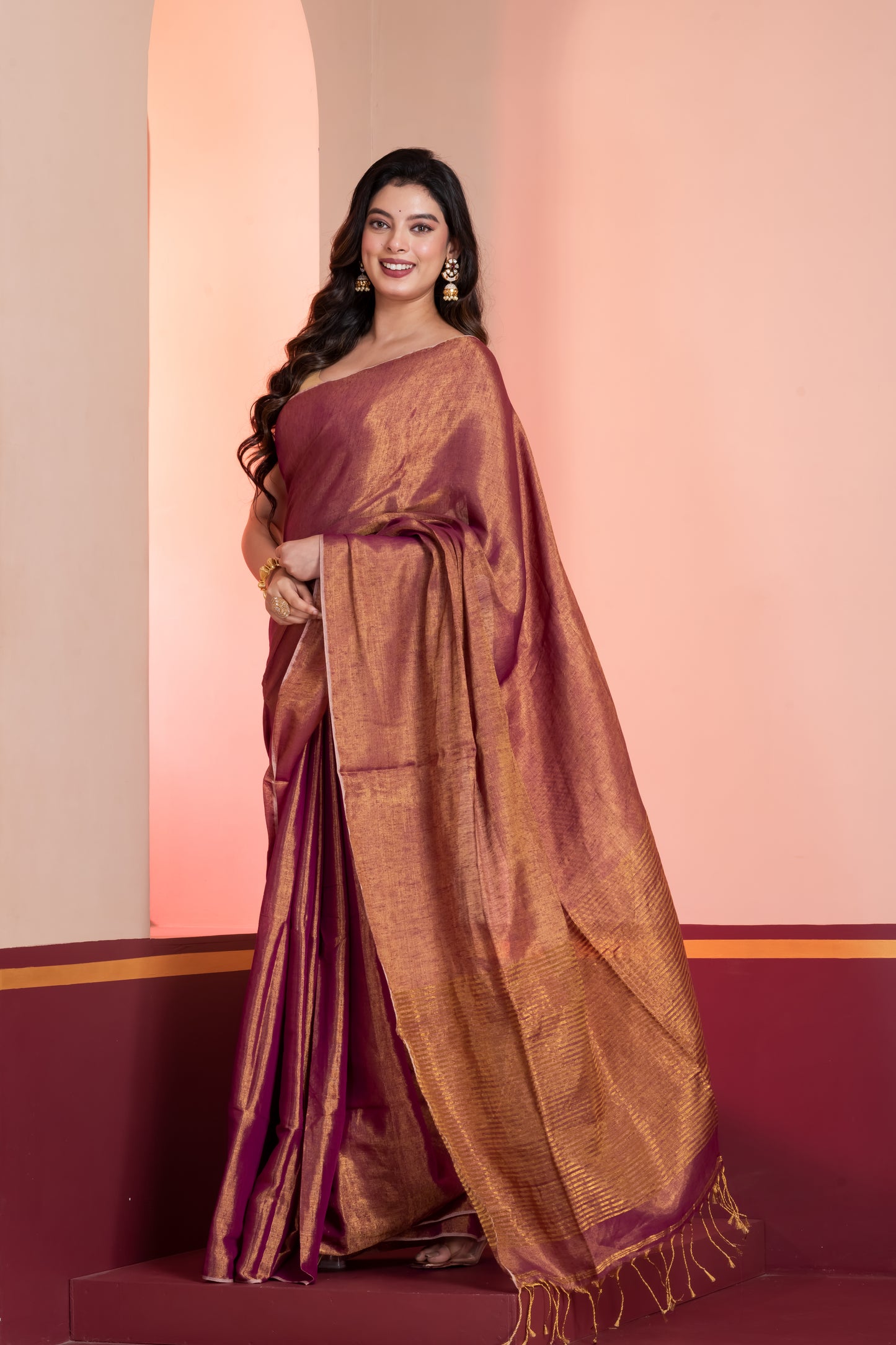 Brown Golden Dual Tone Linen Tissue Saree with Zari