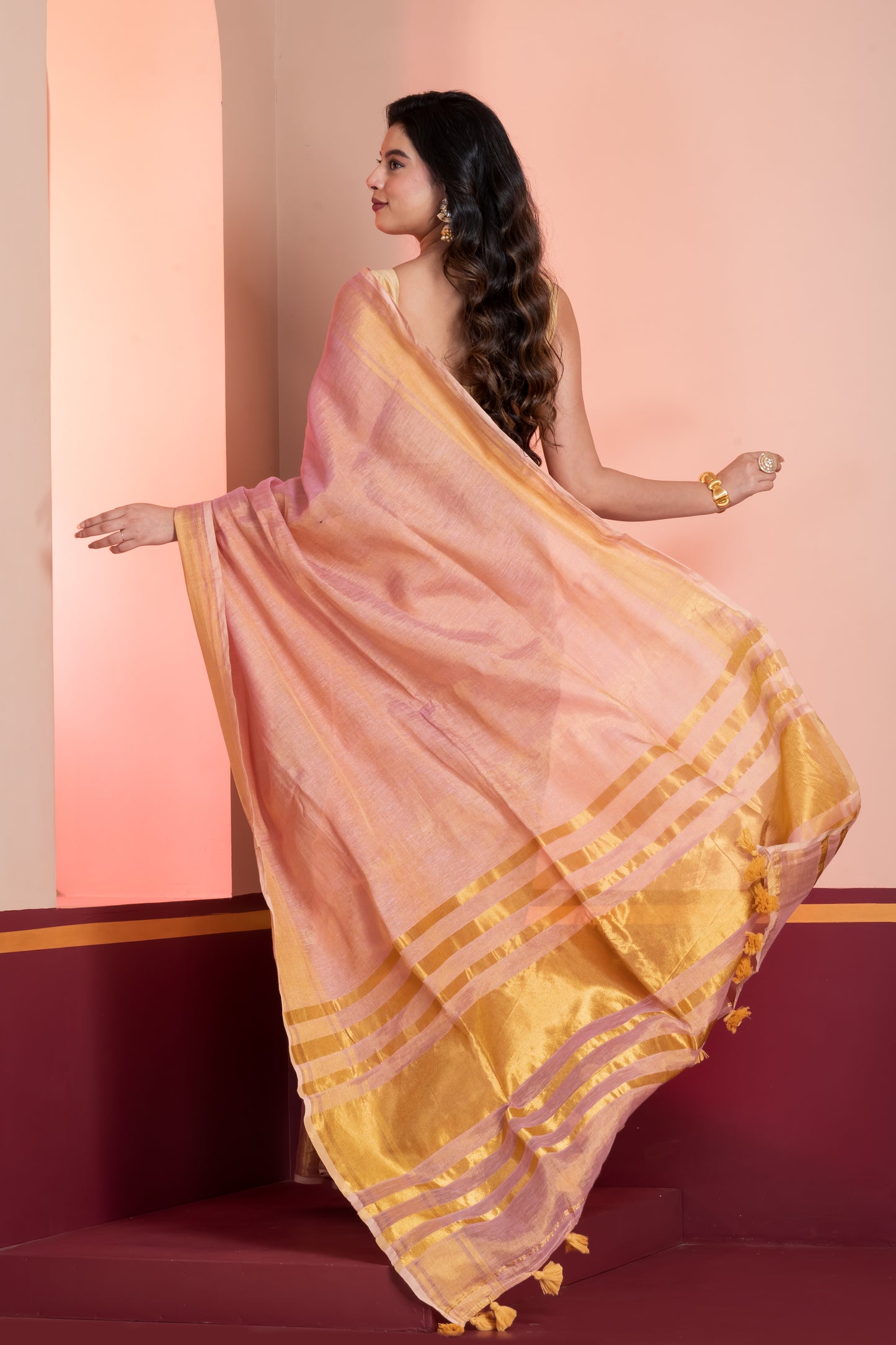 Pastel Pink Dual Tone Linen Tissue Saree with Zari and Tassels