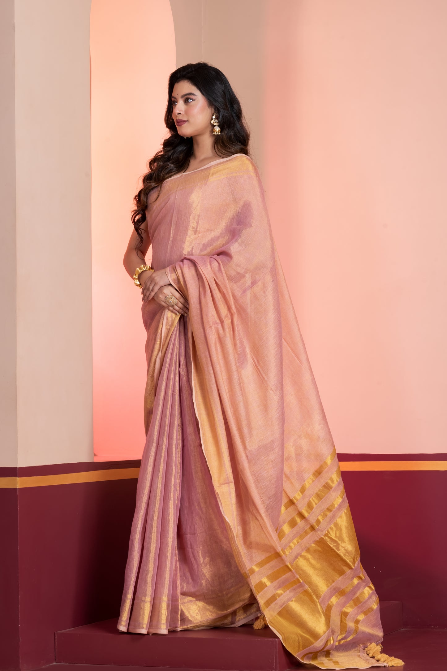 Pastel Pink Dual Tone Linen Tissue Saree with Zari and Tassels