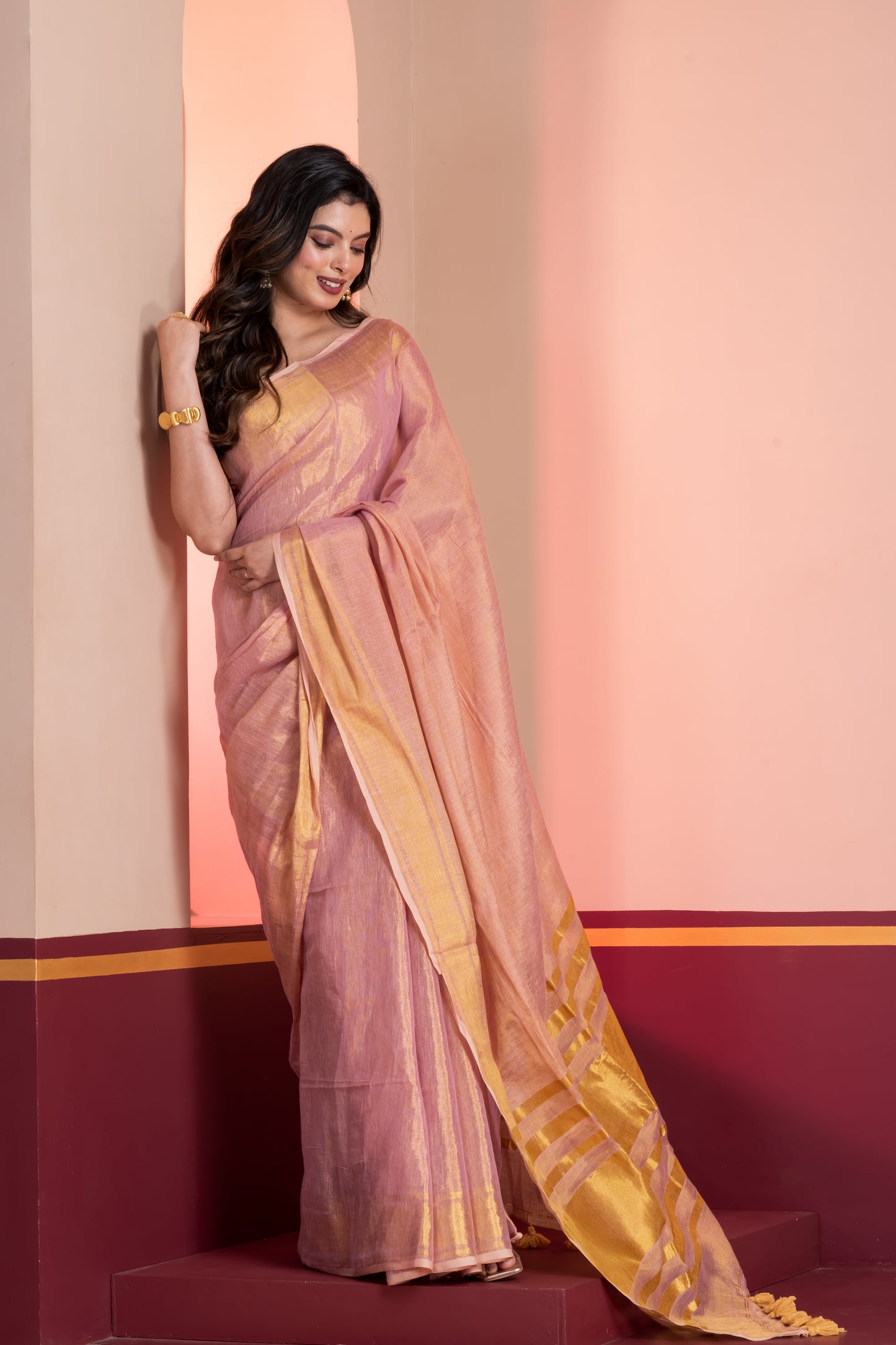 Pastel Pink Dual Tone Linen Tissue Saree with Zari and Tassels