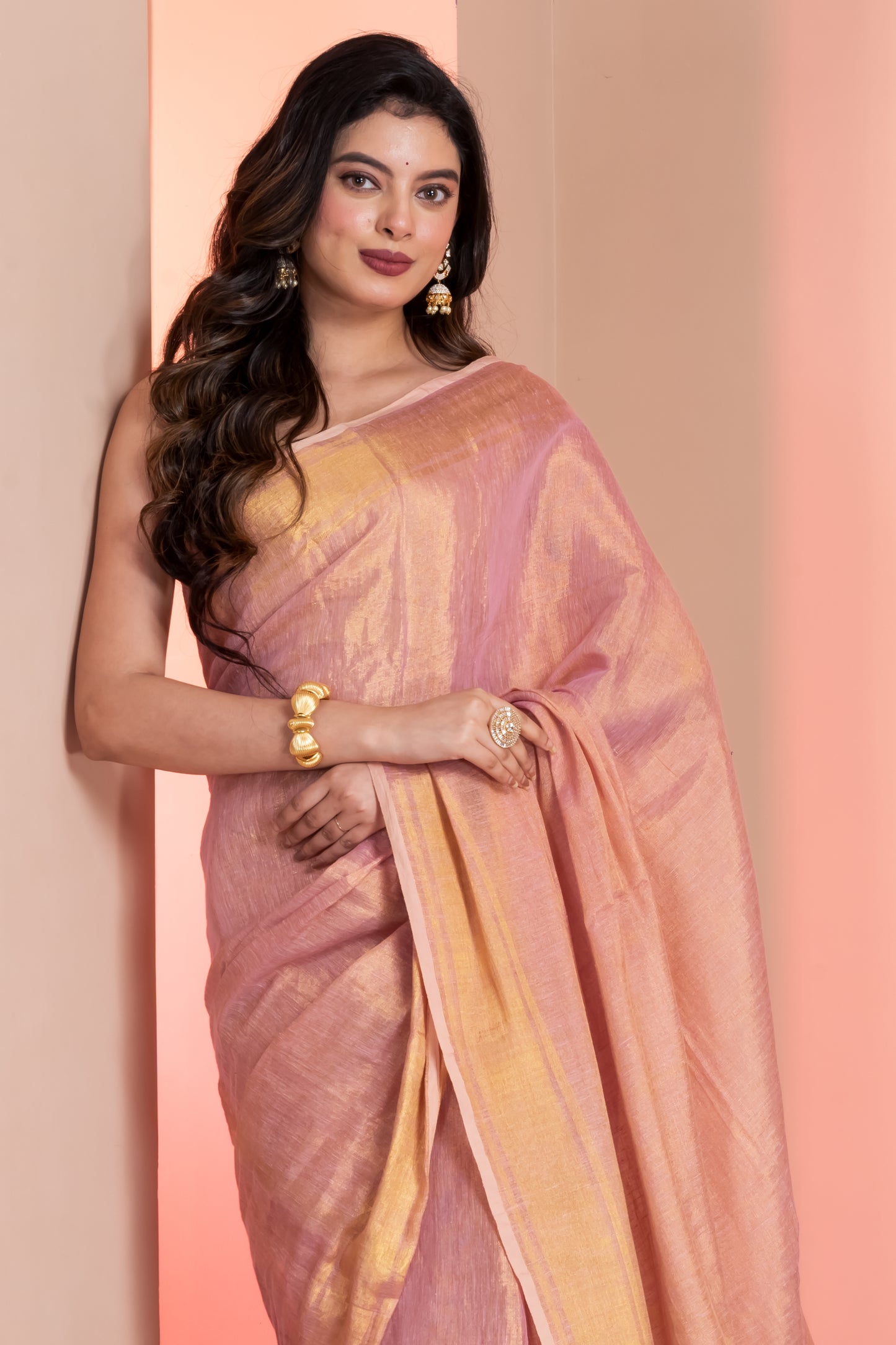 Pastel Pink Dual Tone Linen Tissue Saree with Zari and Tassels