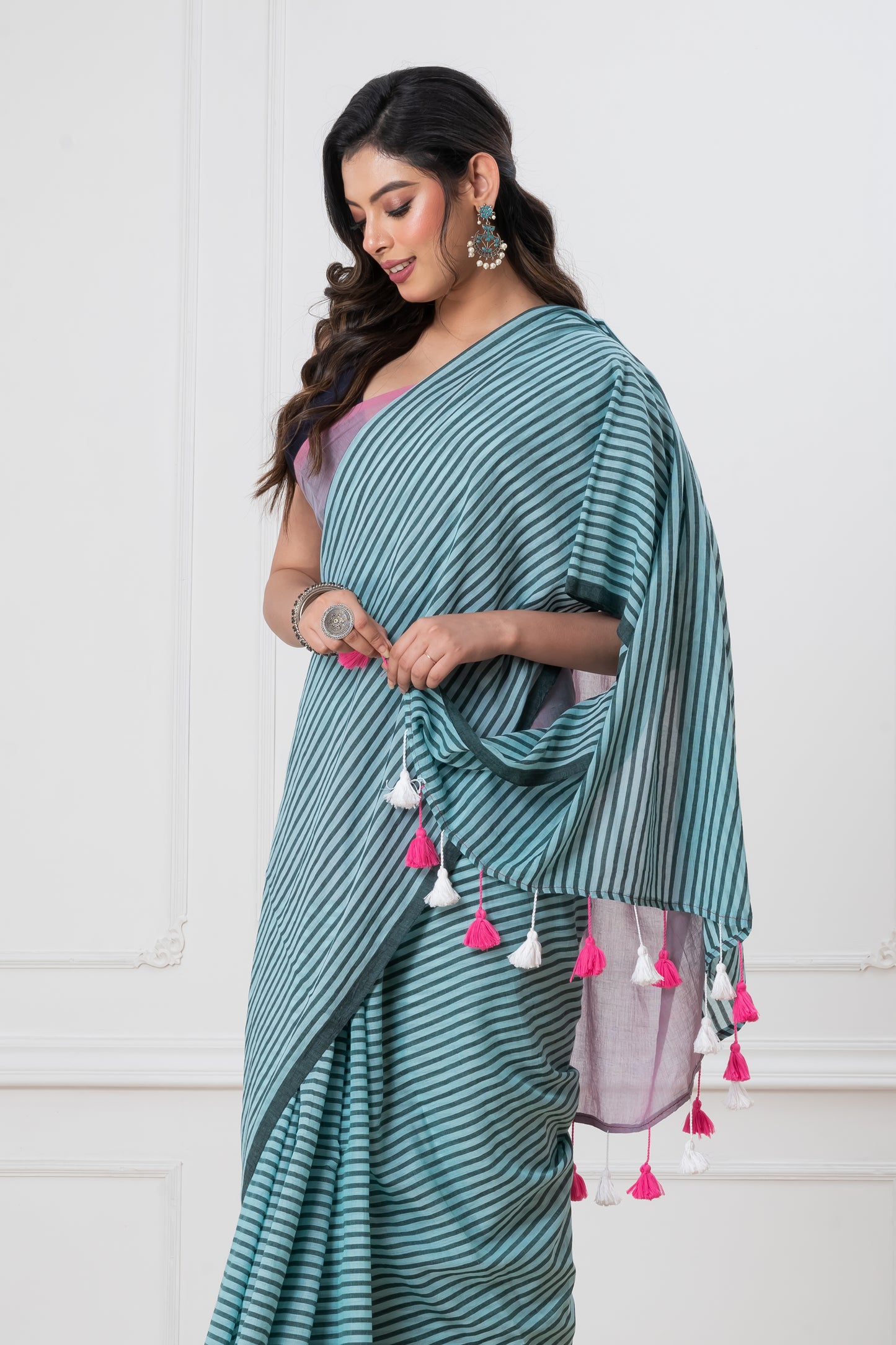 Blue Stripes Mul Cotton Saree with Tassels