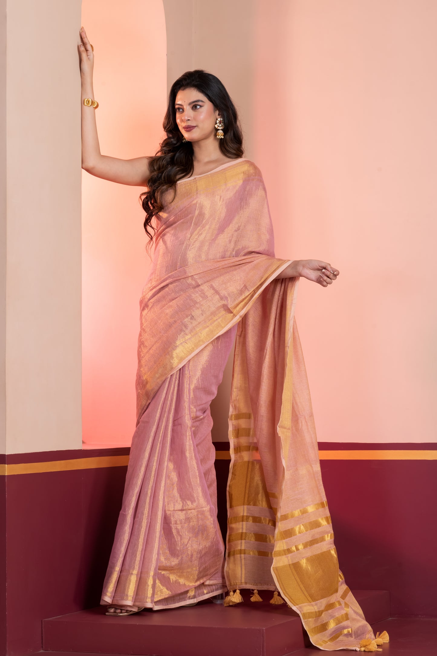 Pastel Pink Dual Tone Linen Tissue Saree with Zari and Tassels