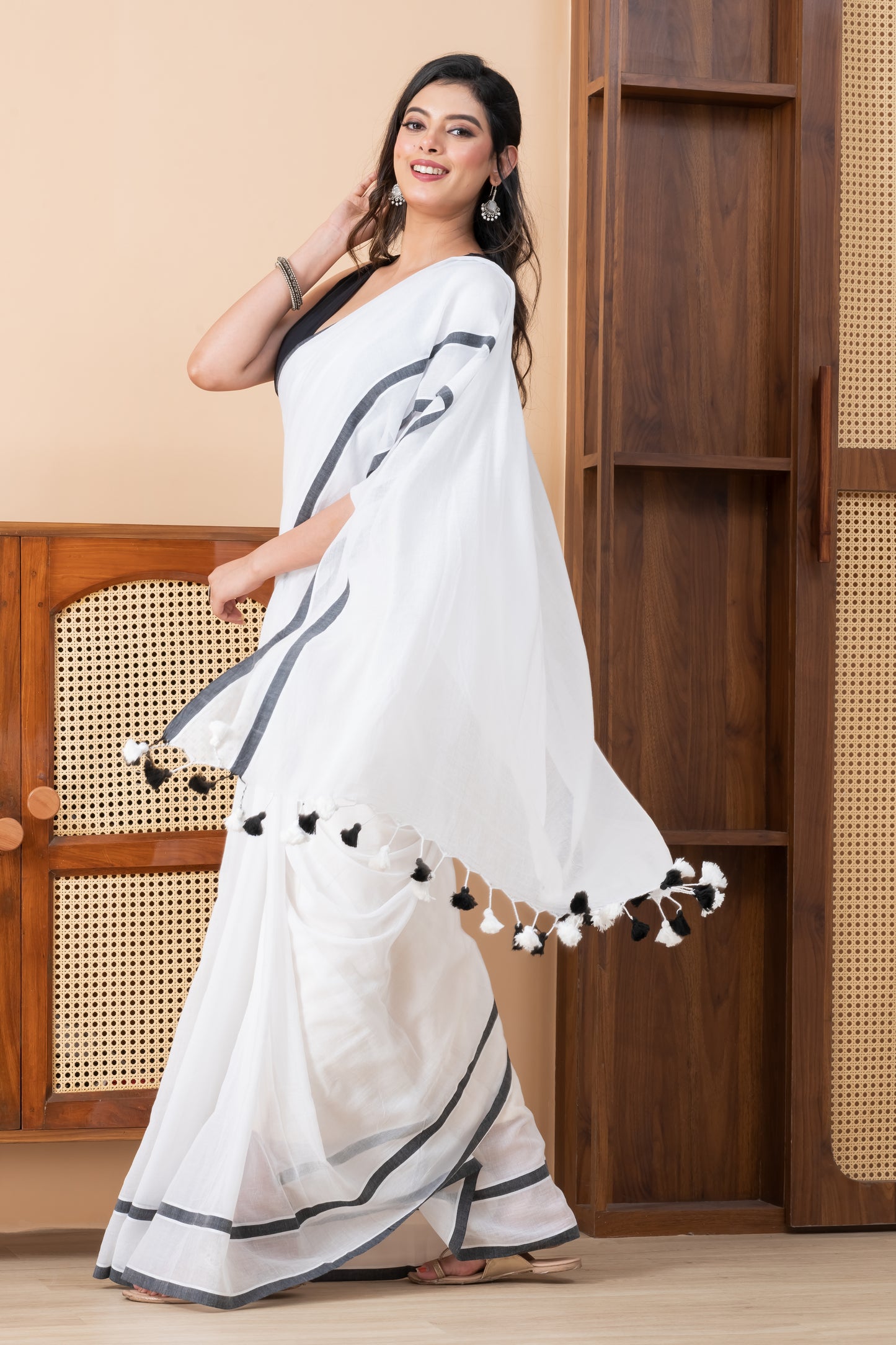 White Solid Mul Cotton Saree with Dual Stripes and Tassels