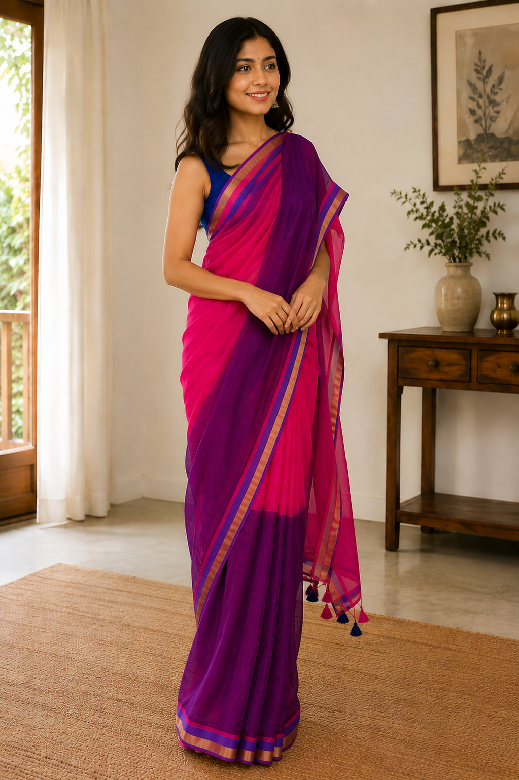 Jamuni Gulab Handloom Mul Cotton Saree with Zari and Tassels Saree Handloom saree, handcrafted saree, daily wear saree, office saree, affordable saree, saree for summers, Suta sarees, Eternity by Sakshi Sarees,