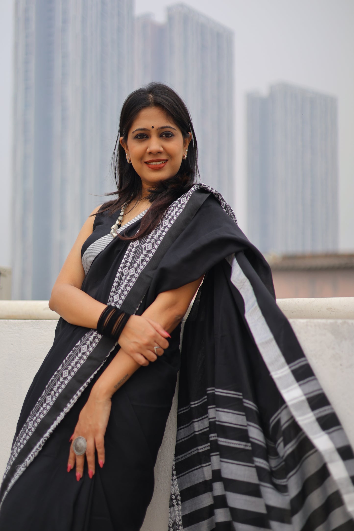Black Mul Cotton Saree with Heavy Embroidered Border and Tassels Saree Handloom saree, handcrafted saree, daily wear saree, office saree, affordable saree, saree for summers, Suta sarees, Eternity by Sakshi Sarees,