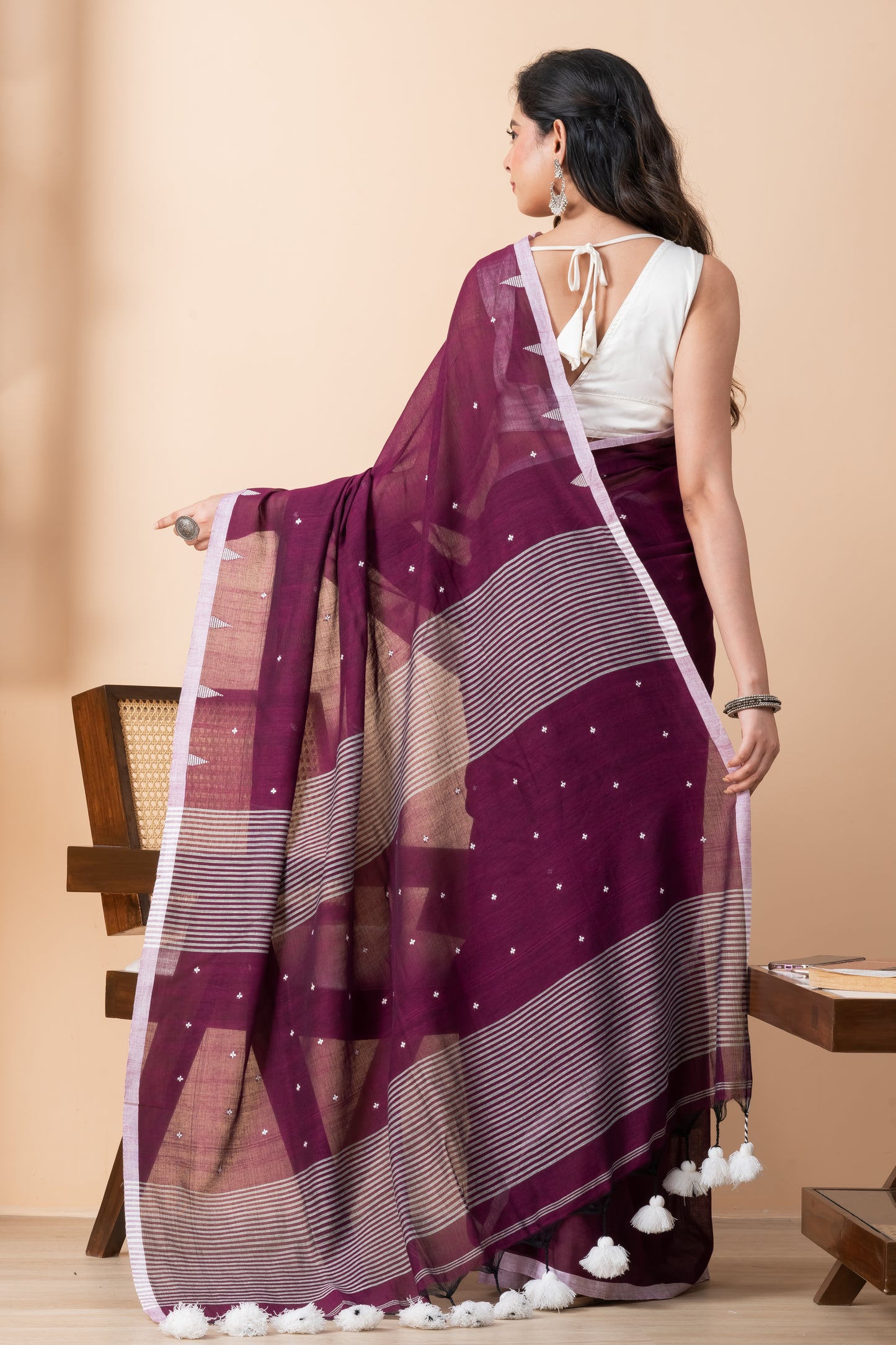 Purple Mul Cotton Jamdani Buta Saree with Big Tassels