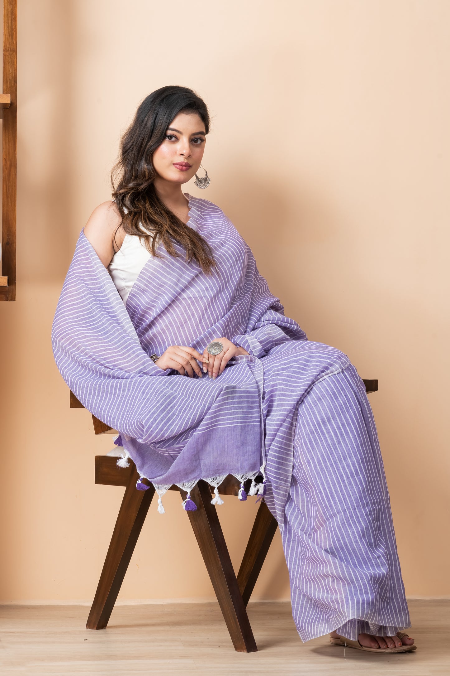 Lavender Khadi Cotton All Over Stripes Saree with Tassels
