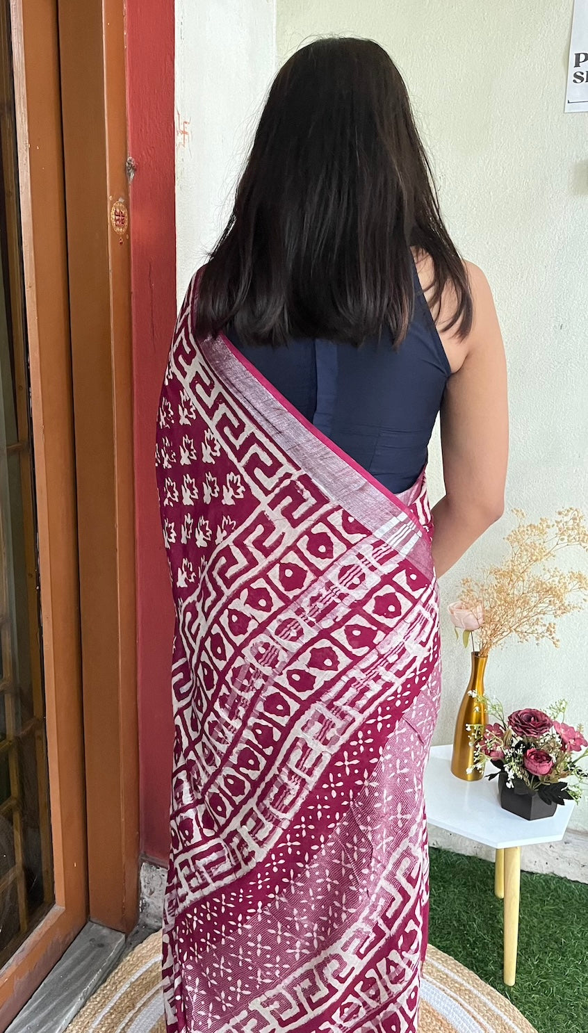 Red Cotton Linen Saree with Bagru Handblock Print Saree Handloom saree, handcrafted saree, daily wear saree, office saree, affordable saree, saree for summers, Suta sarees, Eternity by Sakshi Sarees,
