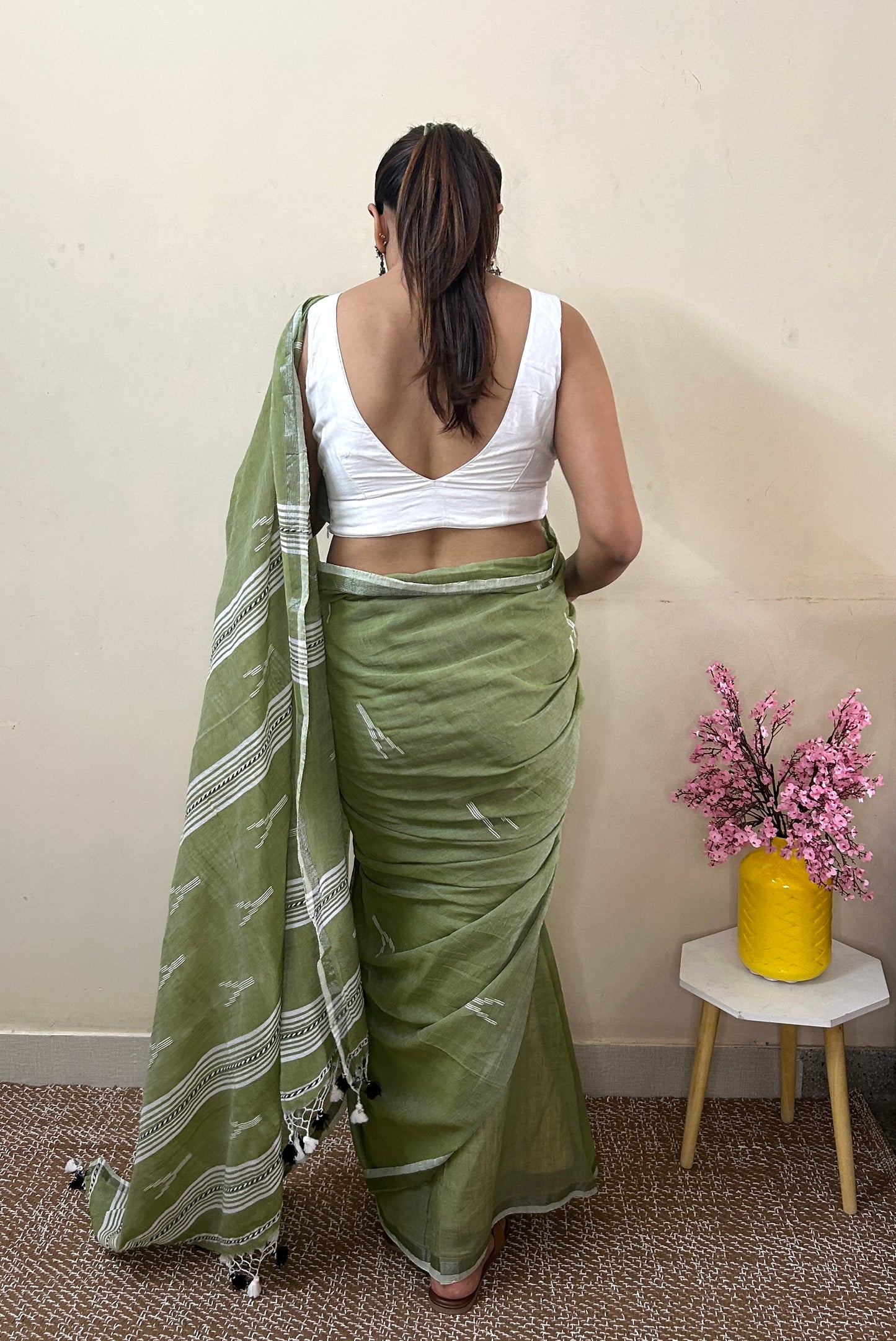 Green Pure Cotton Handloom Saree with Heavy Jamdani on Aanchal and Palla