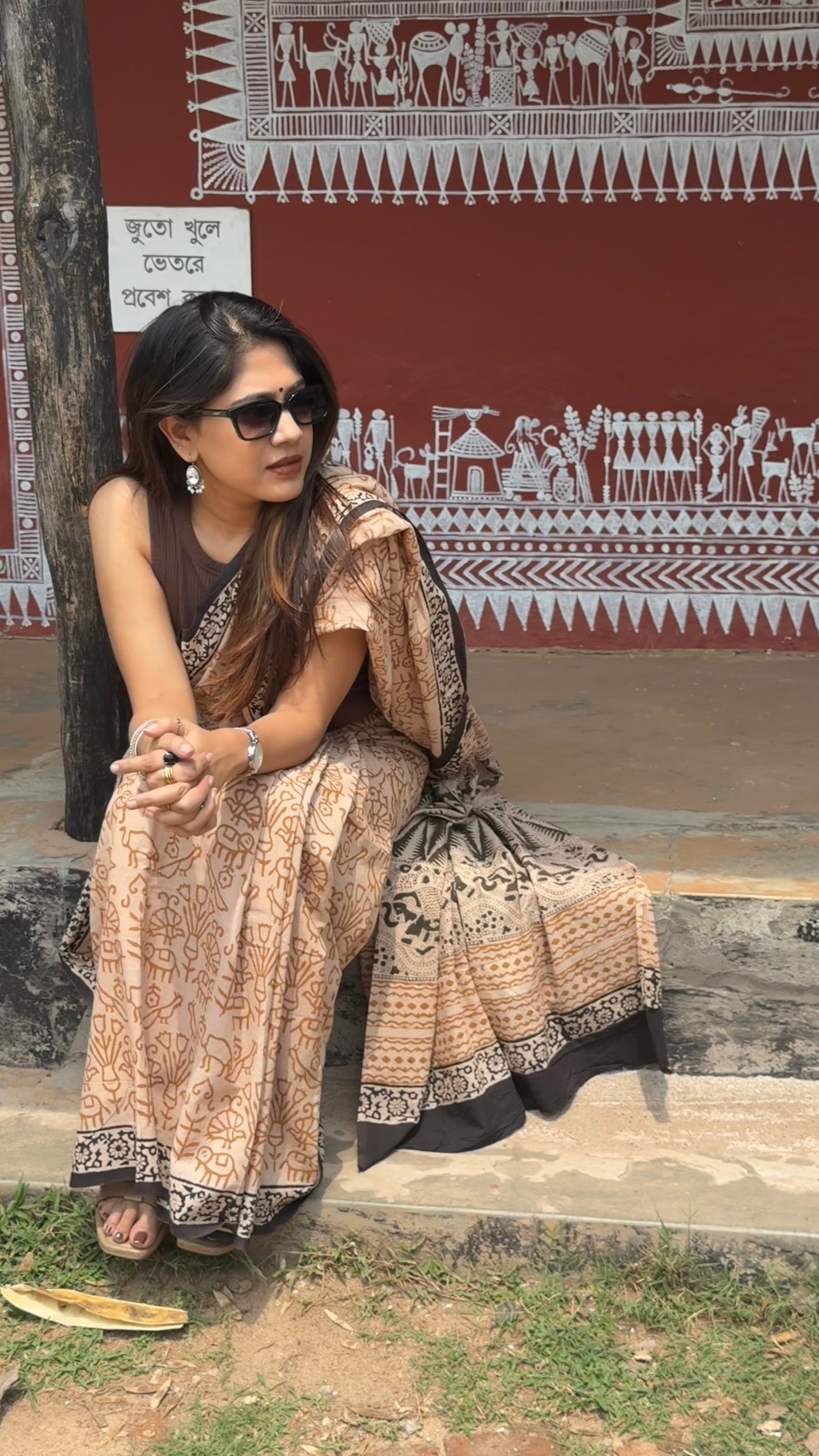 Brown Bagru Handblock Printed Mul Cotton Saree