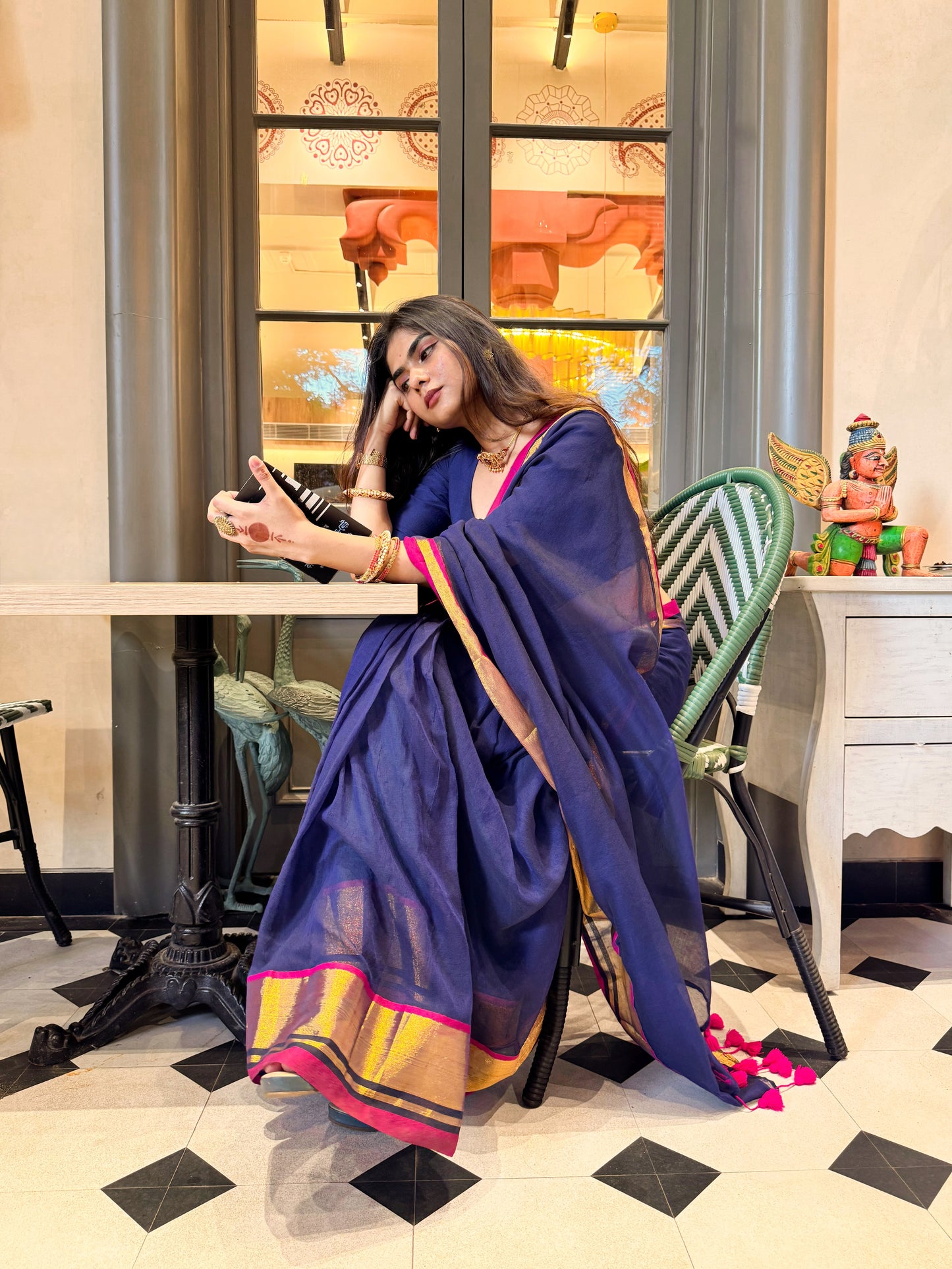 Navy Blue Handloom Mul Cotton Saree with Zari and Tassels
