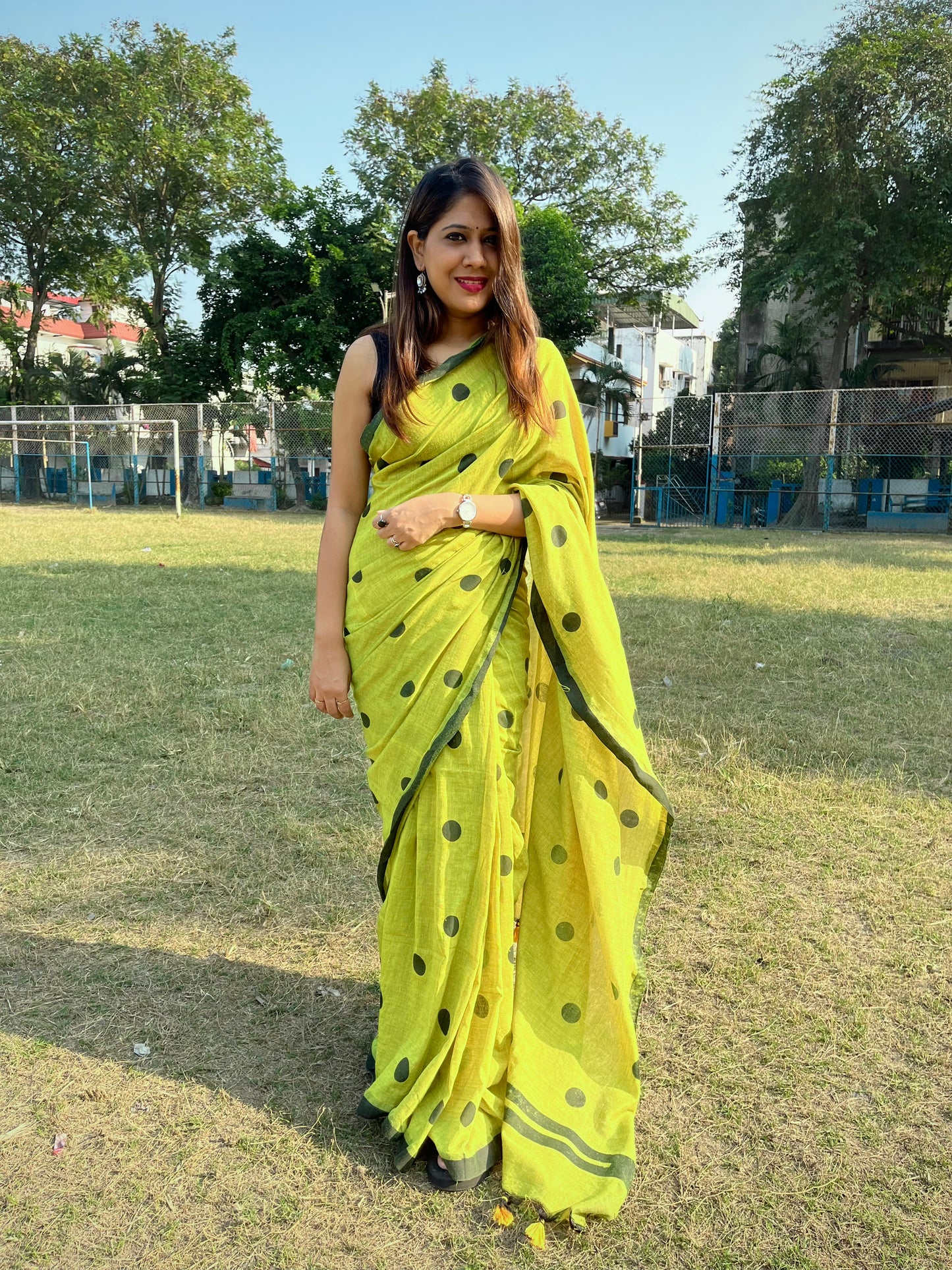 Green Khadi Cotton All Over Black Polka Saree Saree Handloom saree, handcrafted saree, daily wear saree, office saree, affordable saree, saree for summers, Suta sarees, Eternity by Sakshi Sarees,