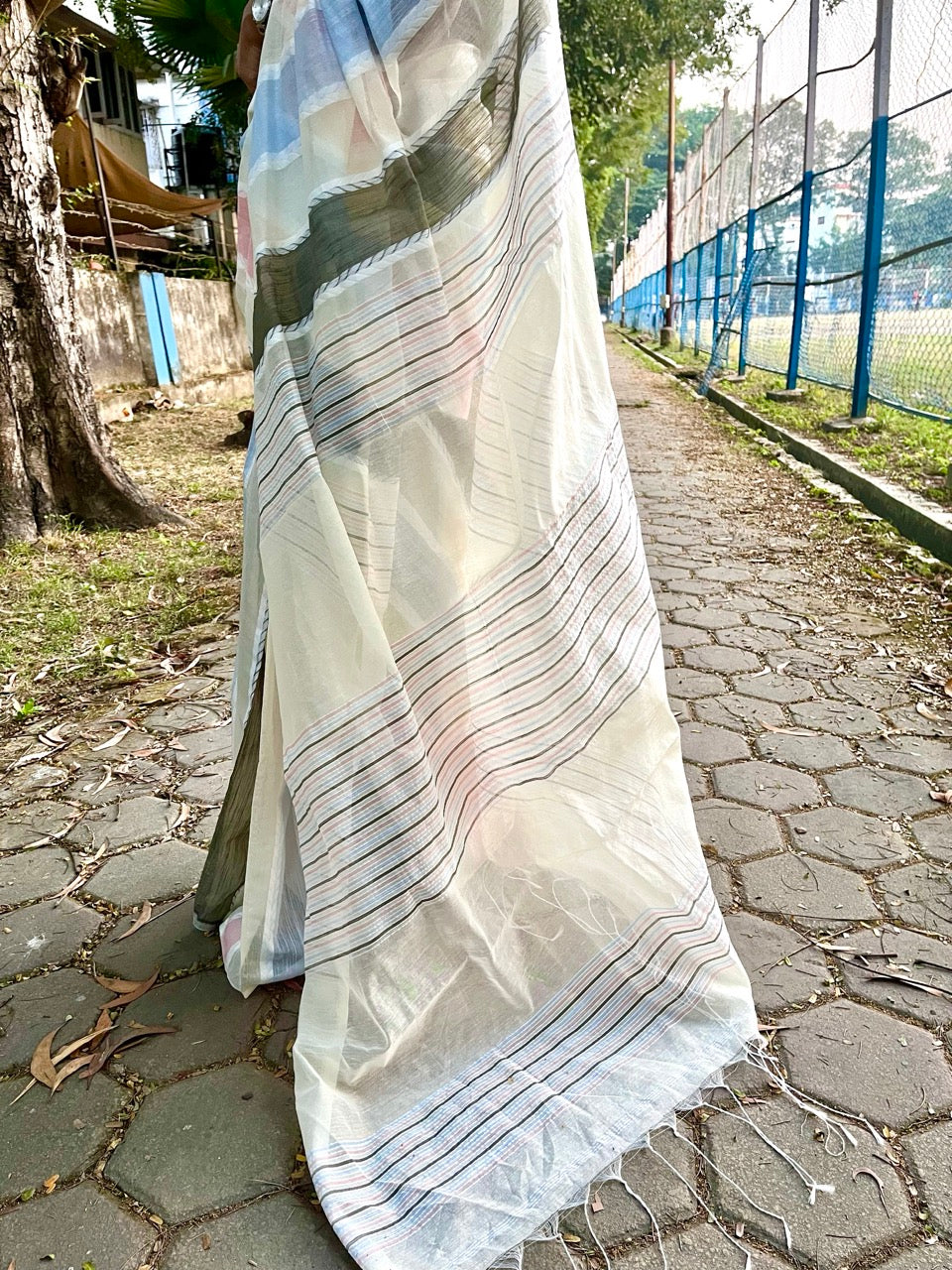 Pastel Colors Cotton Slub and Mul Cotton Panelled Saree Saree Handloom saree, handcrafted saree, daily wear saree, office saree, affordable saree, saree for summers, Suta sarees, Eternity by Sakshi Sarees,