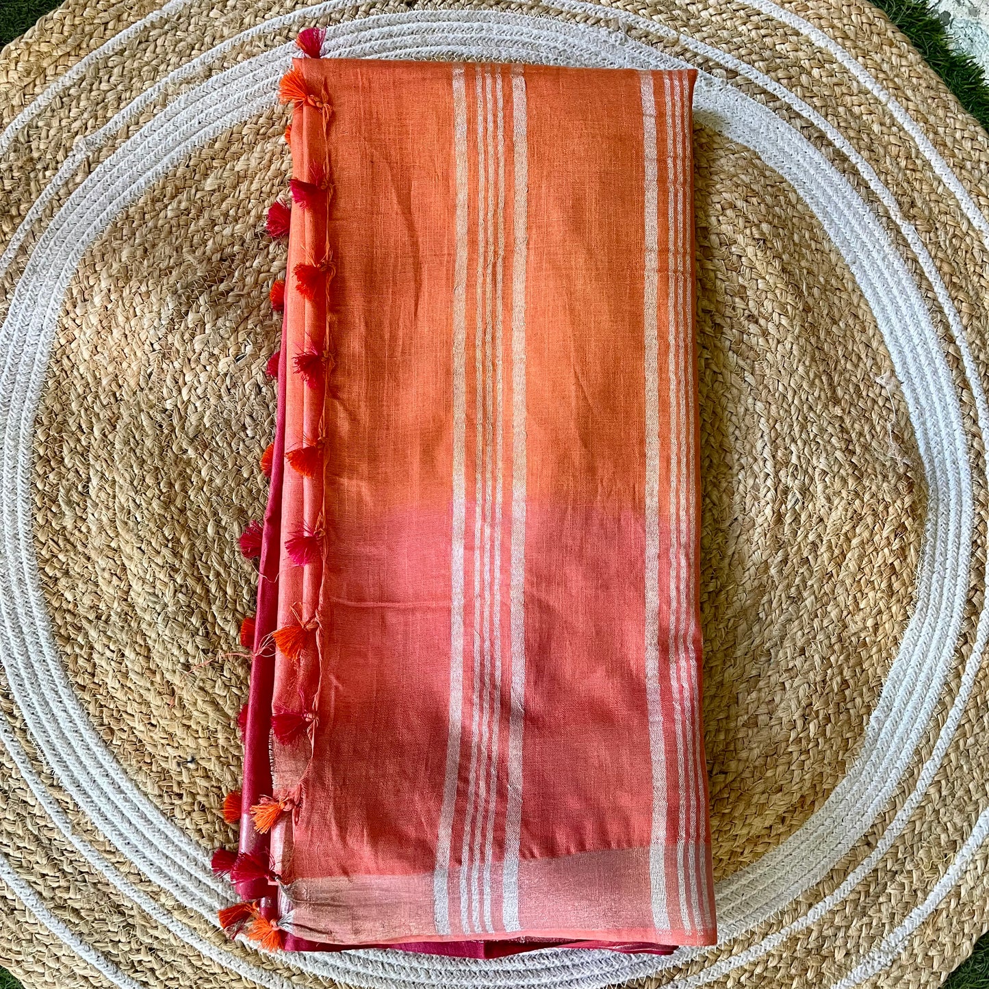 Orange and Pink Shaded Linen Saree Saree Handloom saree, handcrafted saree, daily wear saree, office saree, affordable saree, saree for summers, Suta sarees, Eternity by Sakshi Sarees,