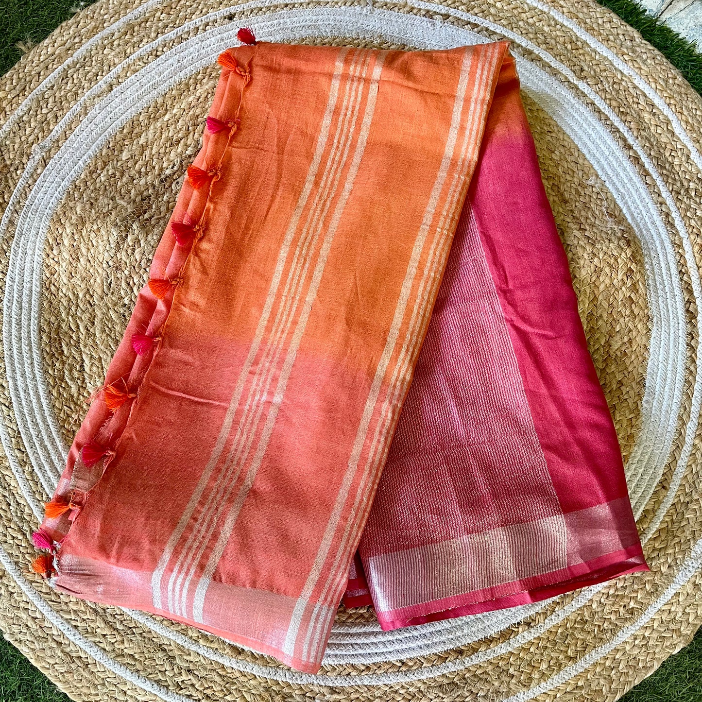 Orange and Pink Shaded Linen Saree Saree Handloom saree, handcrafted saree, daily wear saree, office saree, affordable saree, saree for summers, Suta sarees, Eternity by Sakshi Sarees,