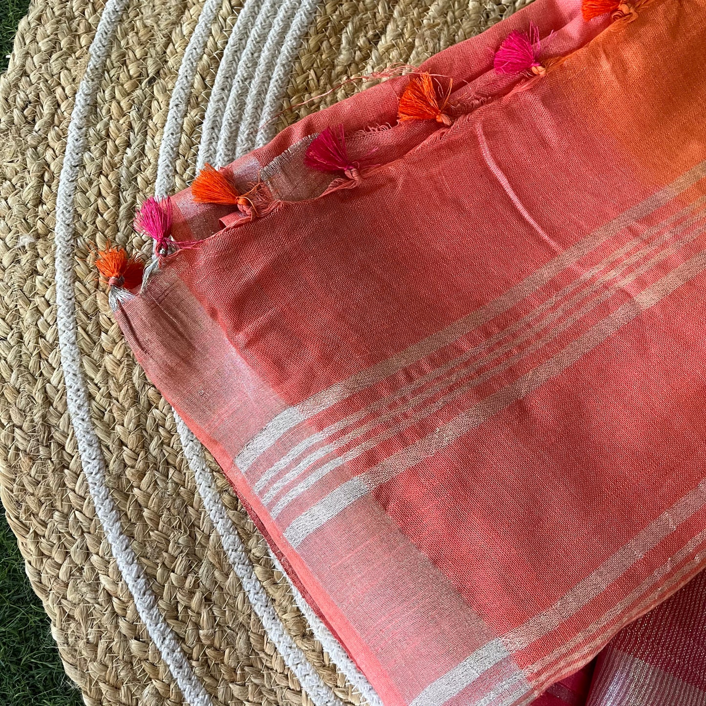 Orange and Pink Shaded Linen Saree Saree Handloom saree, handcrafted saree, daily wear saree, office saree, affordable saree, saree for summers, Suta sarees, Eternity by Sakshi Sarees,