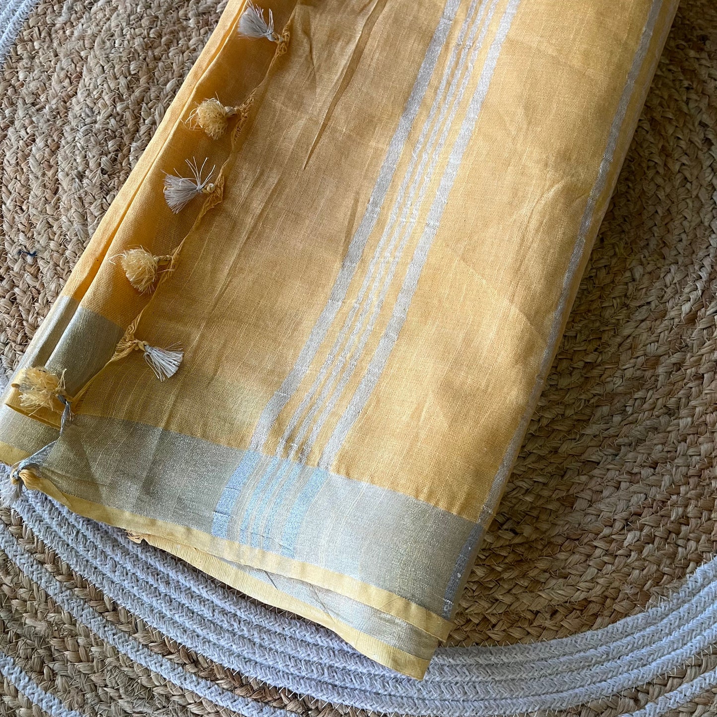 Yellow Solid Linen Saree with Silver Zari Stripes Saree Handloom saree, handcrafted saree, daily wear saree, office saree, affordable saree, saree for summers, Suta sarees, Eternity by Sakshi Sarees,