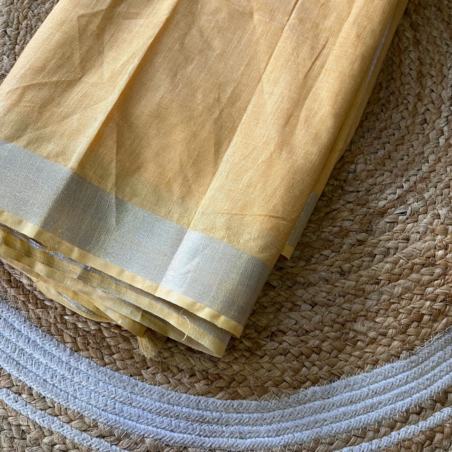 Yellow Solid Linen Saree with Silver Zari Stripes Saree Handloom saree, handcrafted saree, daily wear saree, office saree, affordable saree, saree for summers, Suta sarees, Eternity by Sakshi Sarees,