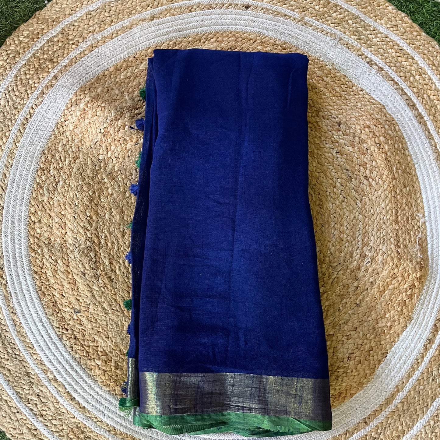 Blue Solid Linen Saree with Green Border and Zari Palla Saree Handloom saree, handcrafted saree, daily wear saree, office saree, affordable saree, saree for summers, Suta sarees, Eternity by Sakshi Sarees,