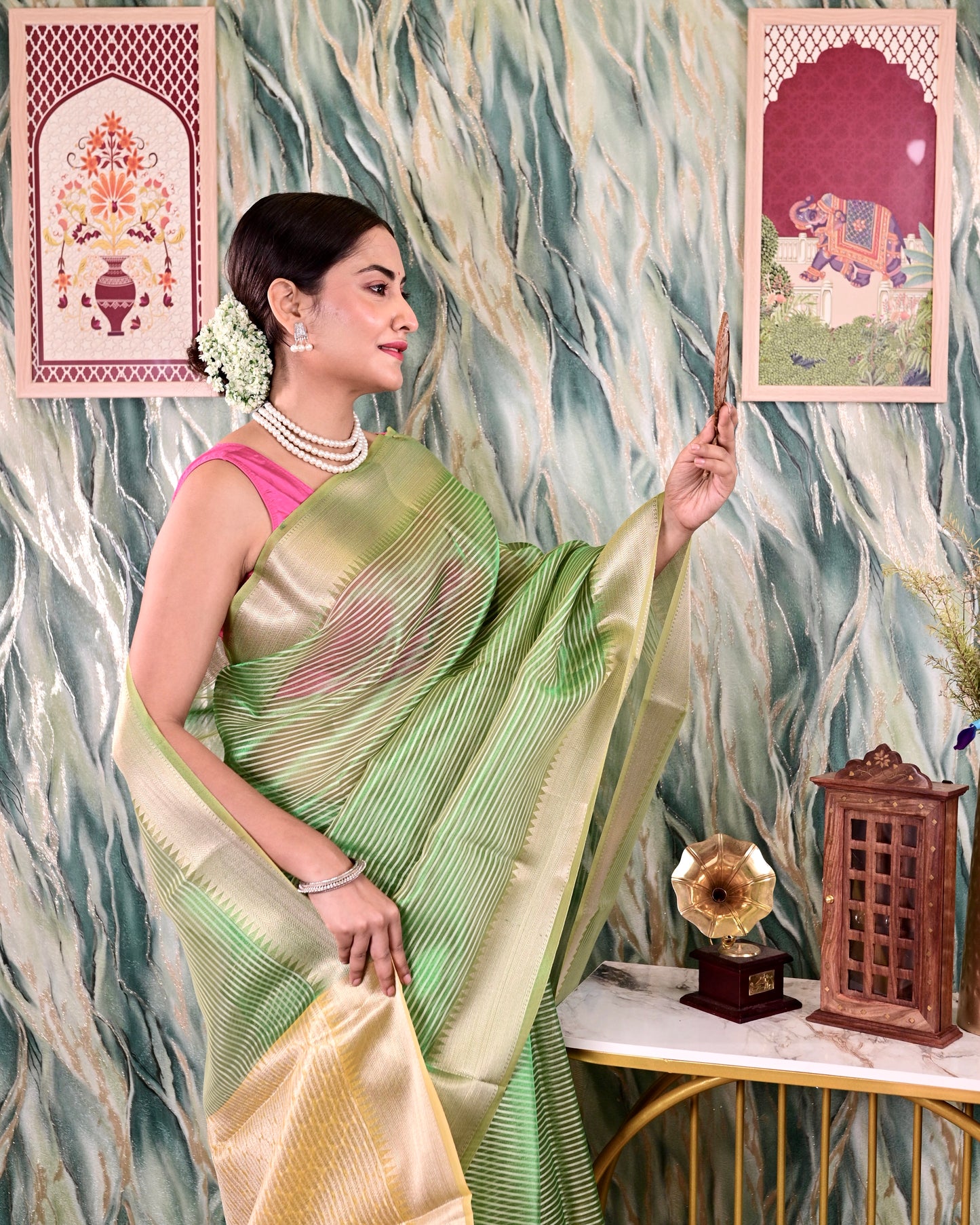 Green Semi Silk Banarasi Saree with All Over Stripes Saree Handloom saree, handcrafted saree, daily wear saree, office saree, affordable saree, saree for summers, Suta sarees, Eternity by Sakshi Sarees,