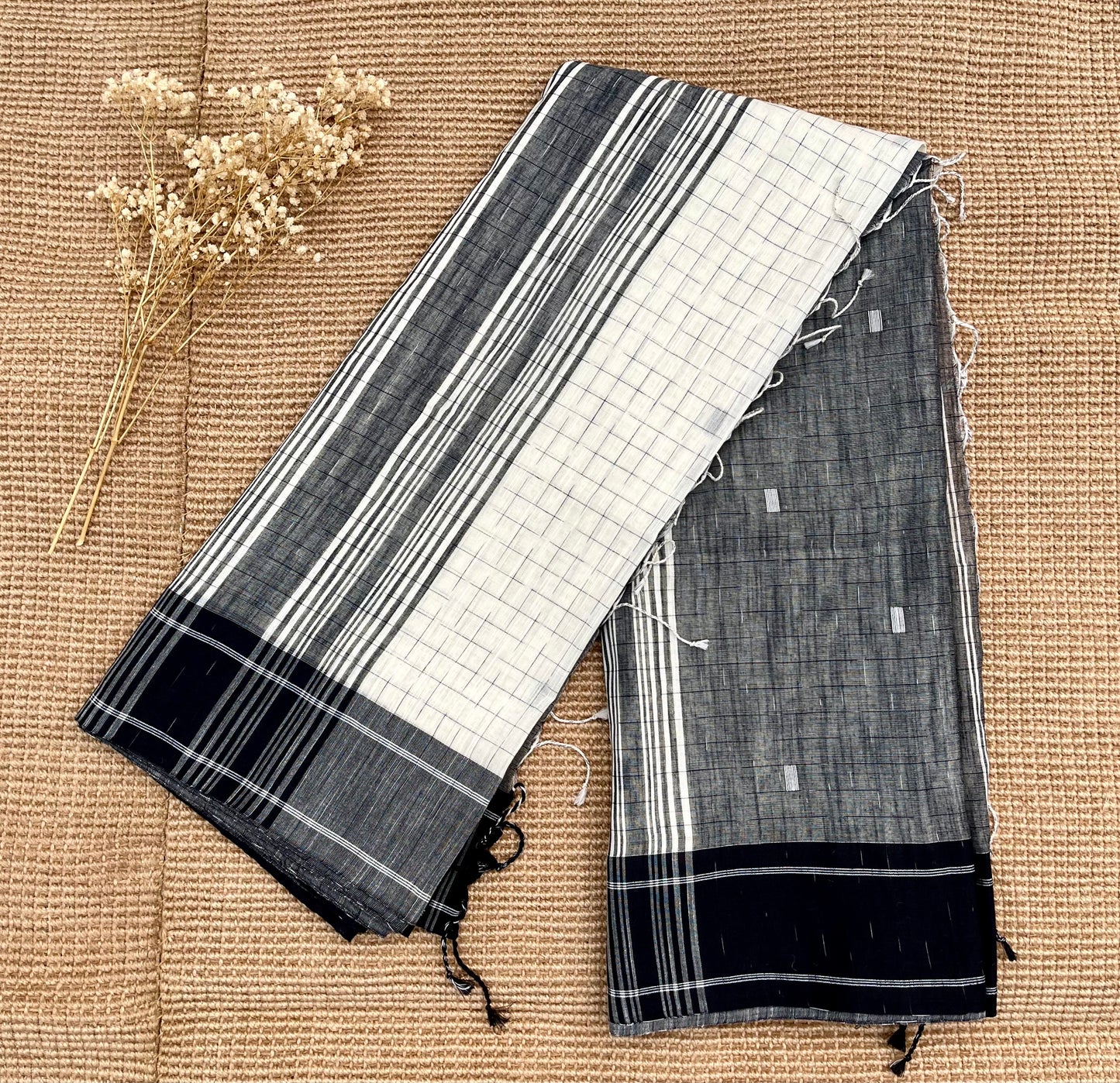 Off White Pure Cotton Saree with Grey Cheques and Small Jamdani Buta Saree Handloom saree, handcrafted saree, daily wear saree, office saree, affordable saree, saree for summers, Suta sarees, Eternity by Sakshi Sarees,