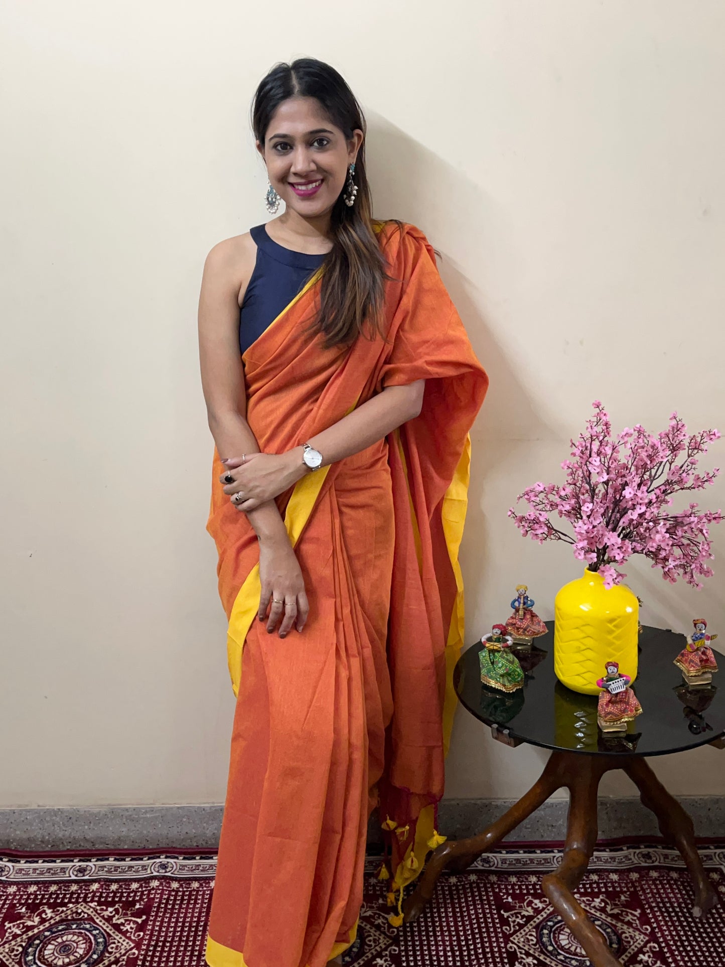 Orange Solid Khadi Cotton Saree with Yellow Border and Tassels Saree Handloom saree, handcrafted saree, daily wear saree, office saree, affordable saree, saree for summers, Suta sarees, Eternity by Sakshi Sarees,