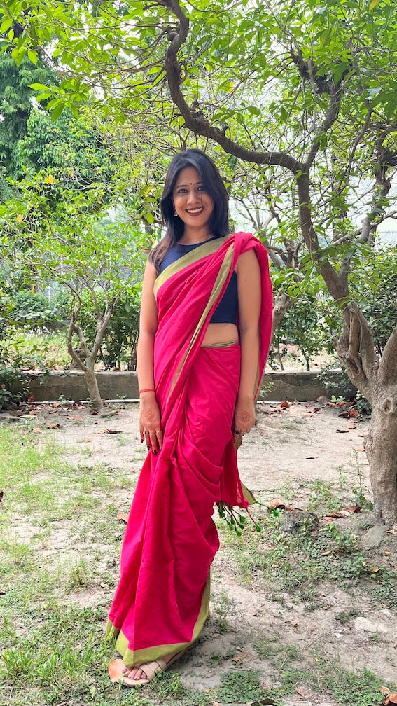 Pink Solid Khadi Cotton Saree with Green Border and Tassels Saree Handloom saree, handcrafted saree, daily wear saree, office saree, affordable saree, saree for summers, Suta sarees, Eternity by Sakshi Sarees,