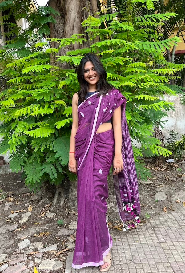 Purple Mul Cotton Saree with Jamdani Weaving Saree Handloom saree, handcrafted saree, daily wear saree, office saree, affordable saree, saree for summers, Suta sarees, Eternity by Sakshi Sarees,