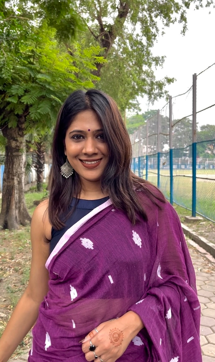 Purple Mul Cotton Saree with Jamdani Weaving Saree Handloom saree, handcrafted saree, daily wear saree, office saree, affordable saree, saree for summers, Suta sarees, Eternity by Sakshi Sarees,